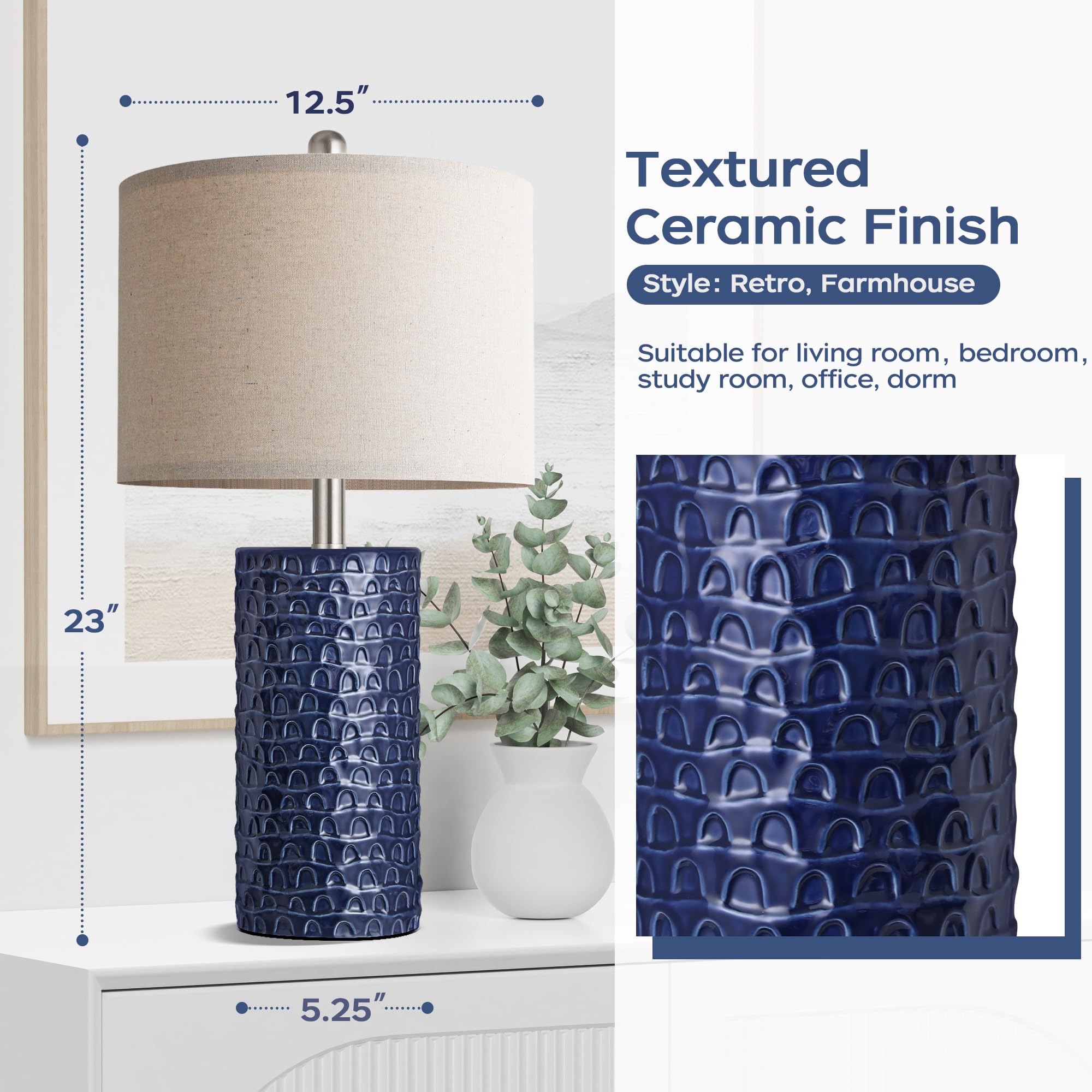 PARTPHONER Ceramic Table Lamp Set of 2, 23" Rustic Farmhouse Design, Navy Blue for Living Room & Bedroom Decor