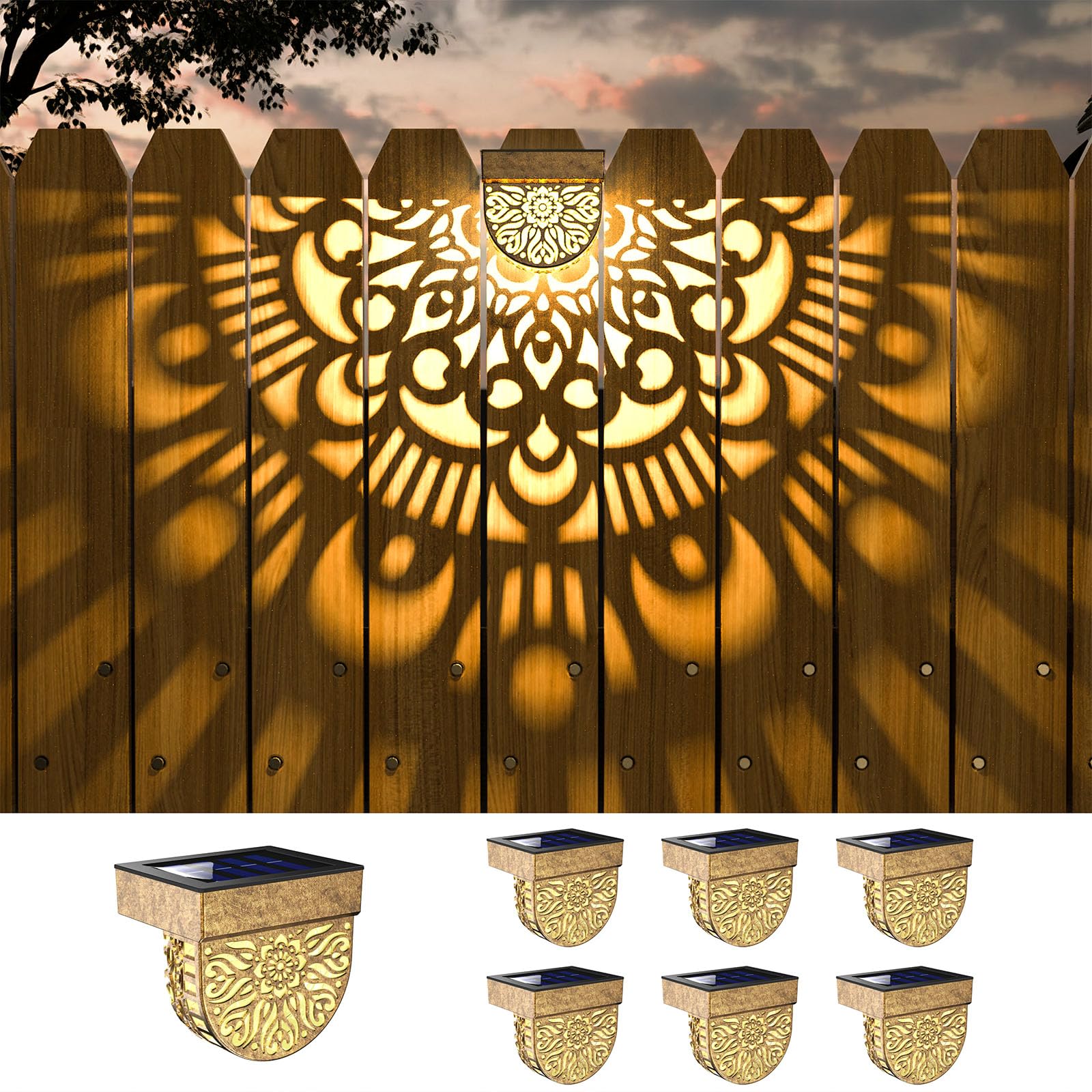 EKQ 6 Pack Solar Fence Lights Outdoor Wall Lights Gold Plastic Solar Powered Deck Step Stair Lights Mandala Theme Waterproof Fence Solar Light for Garden Post Patio Backyard Yard Decor
