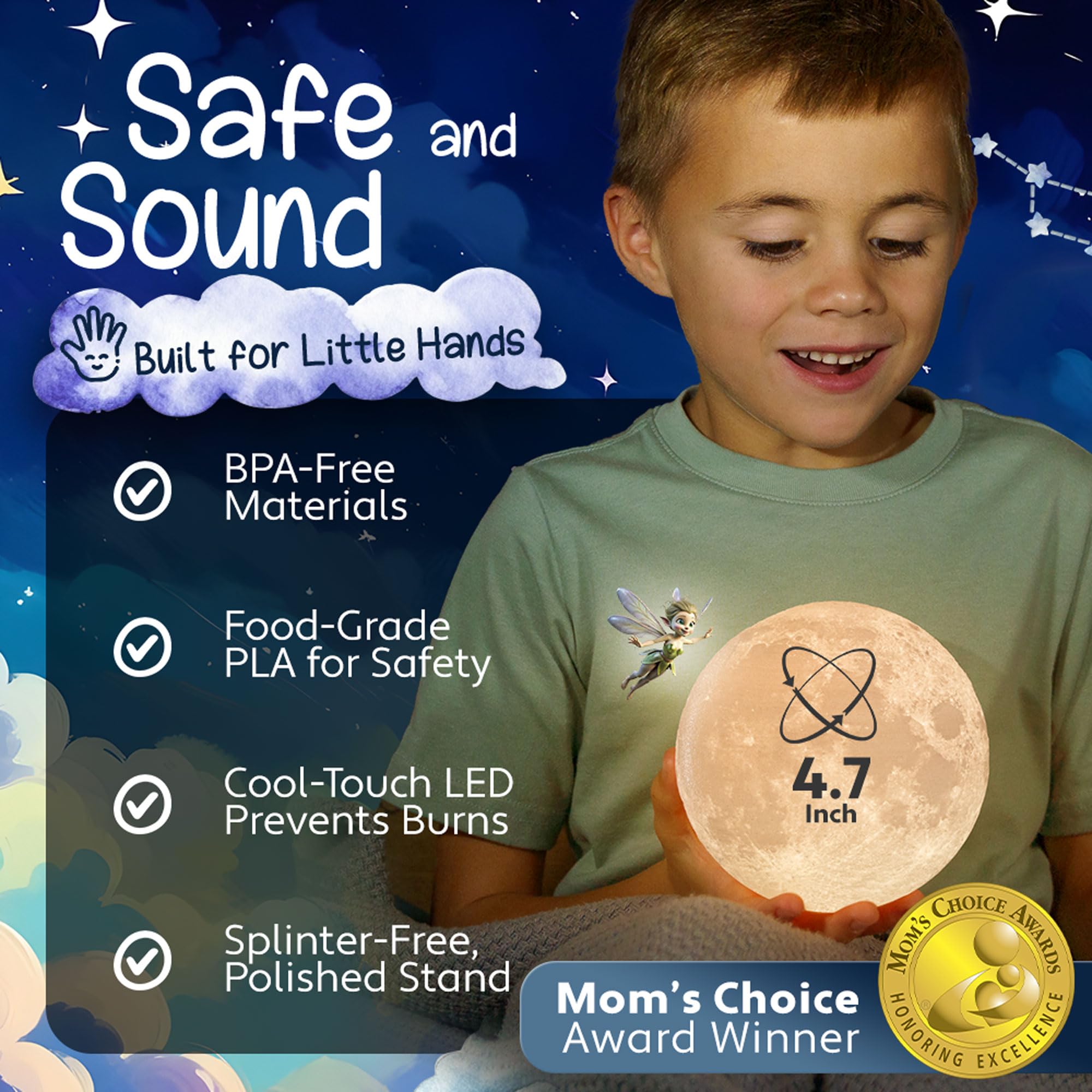 Mind-Glowing 3D Moon Lamp - 4.7 Inch Night Light with Multi Color LED, Touch/Remote Control, Honey Brown Stand, Ideal for Kids' Bedroom