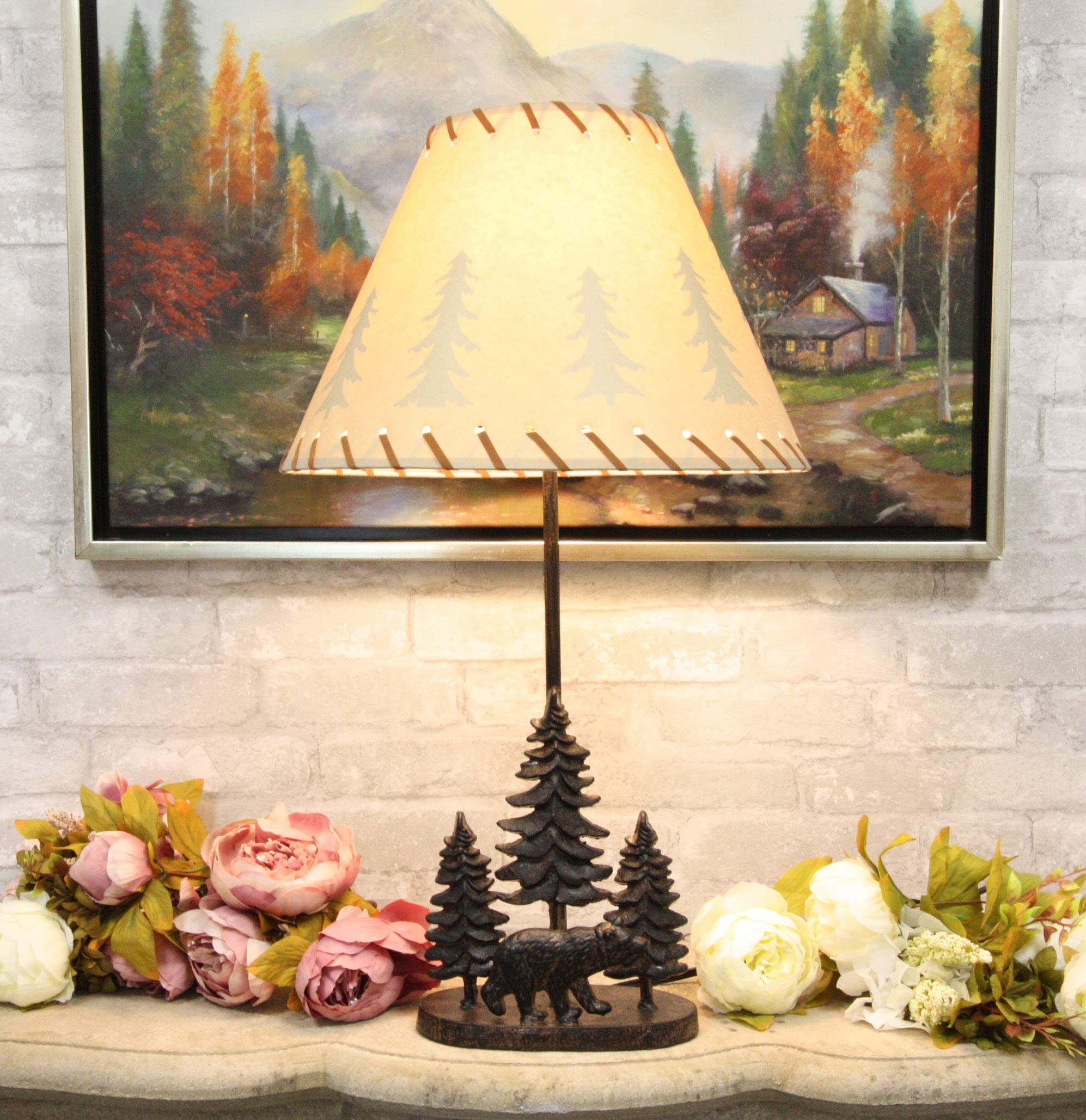 Ebros Rustic Midnight Black Bear Roaming In Pine Trees Forest Metal Table Lamp Statue With Pine Tree Shadows Printed Shade 24.5" High Mountain Woodland Cabin Lodge Western Decor Bears Desktop Lamps