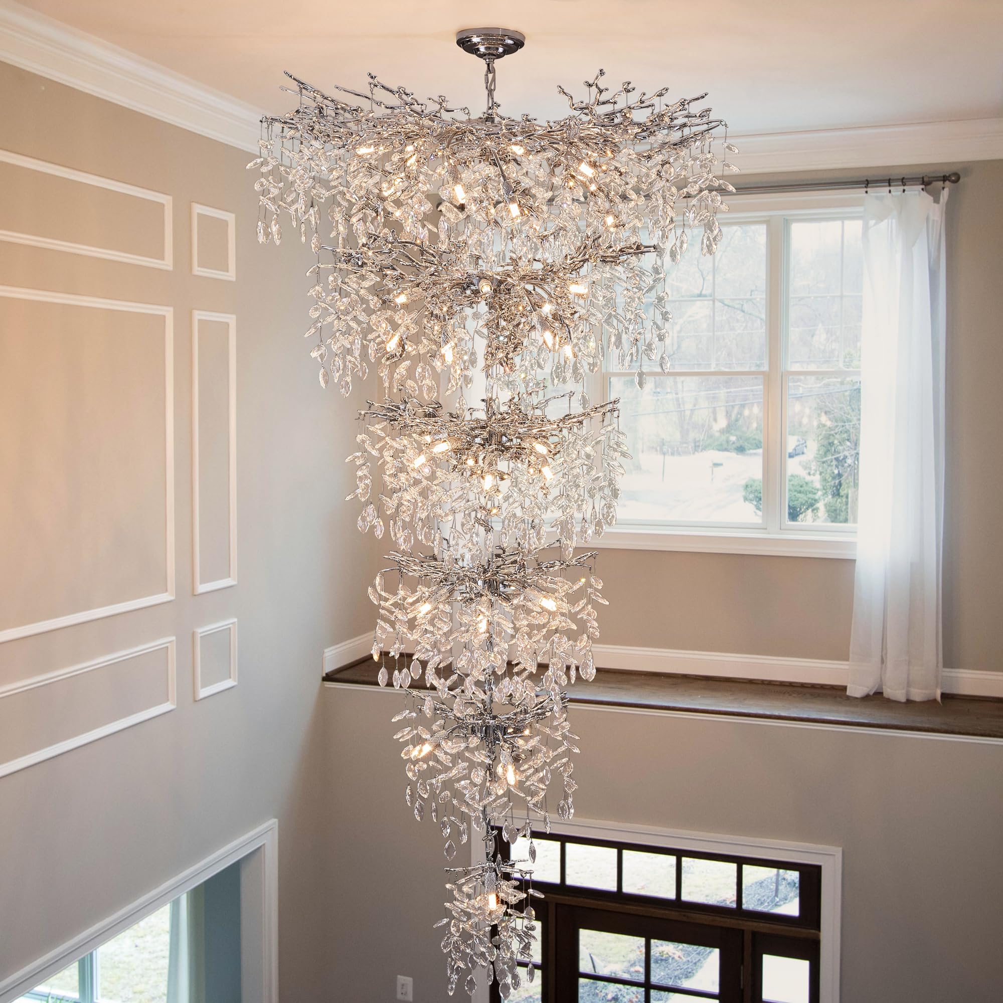 Luxury Silver 6-Tier Large Foyer Entrance Crystal Chandeliers Modern Long Staircase K9 Chandeliers For High Ceiling Big Crystal 
