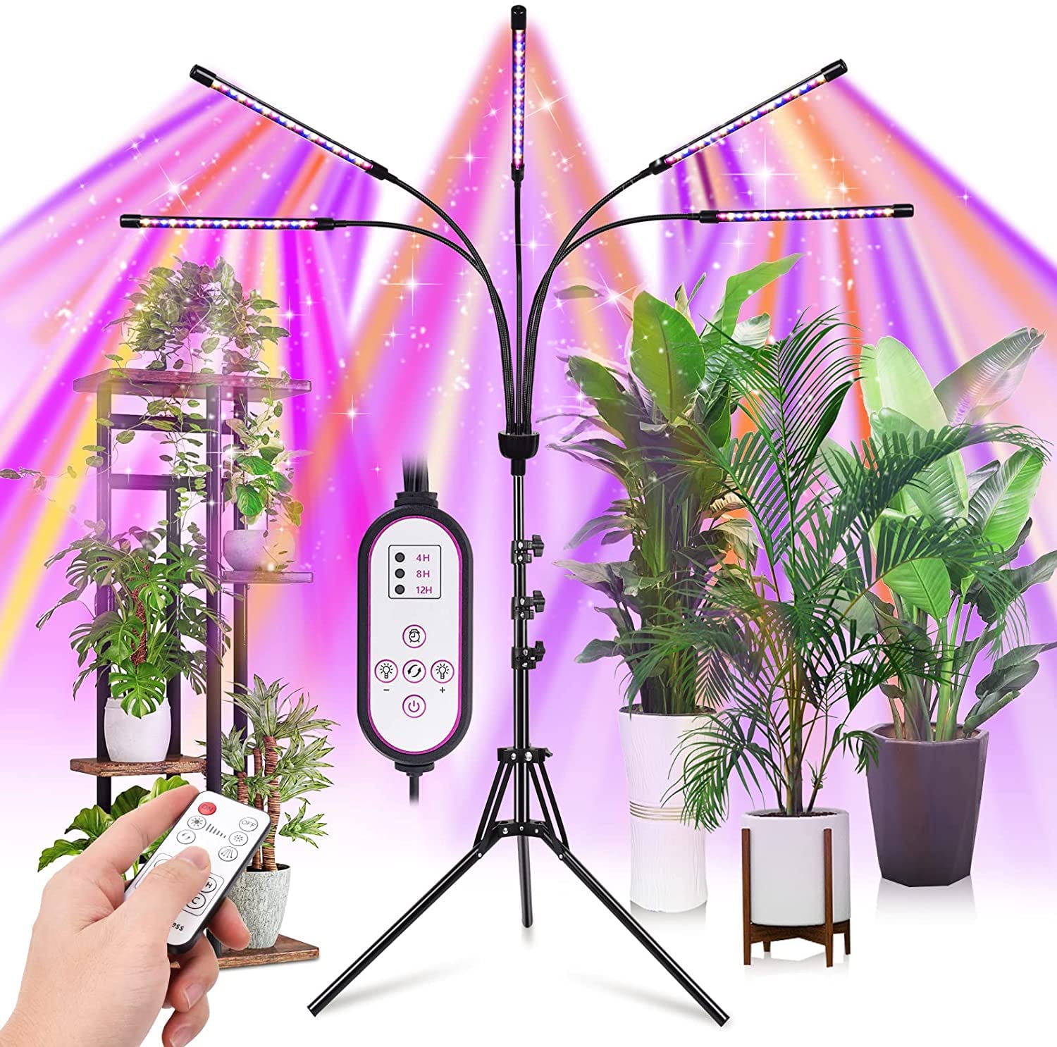 KEELIXIN Grow Lights for Indoor Plants, 5 Heads Full Spectrum, Adjustable Tripod Stand, Remote Control, Model LXGL-008, Red Blue Spectrum