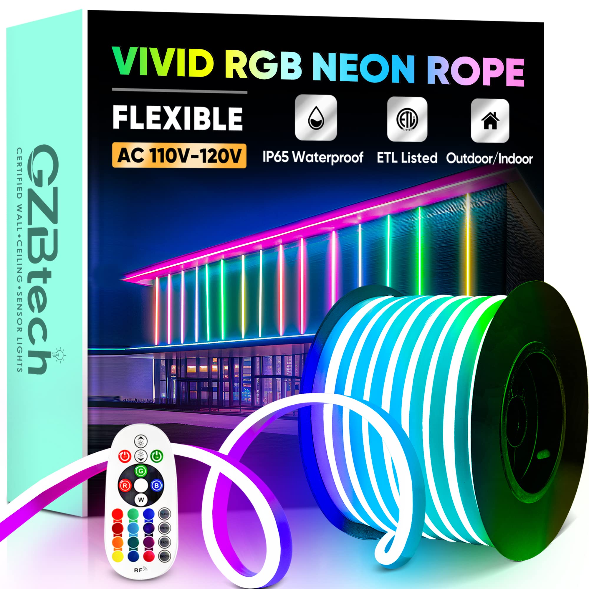 Gzbtech Rgb Led Neon Rope Lights 66Ft/20M  Ac 110-120V Waterproof Color Changing Led Rope With Remote Controller  Dimmable Multi Color Neon Rope Lighting For Indoor Outdoor Commercial Use