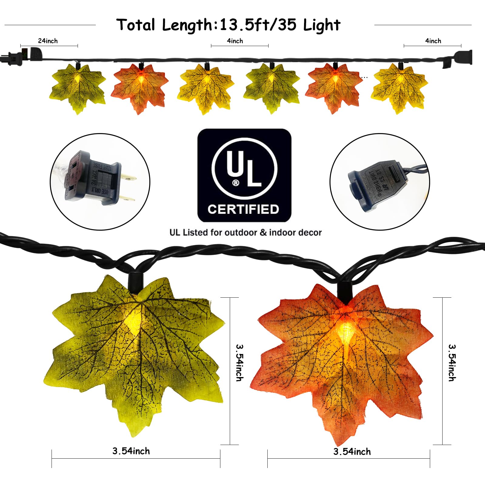 Abeja Maple Leaf String Lights, 13.5FT, 35 LED, Plug-in, Orange Yellow Green, Model LRGC-35C002, Autumn Decoration for Home Party
