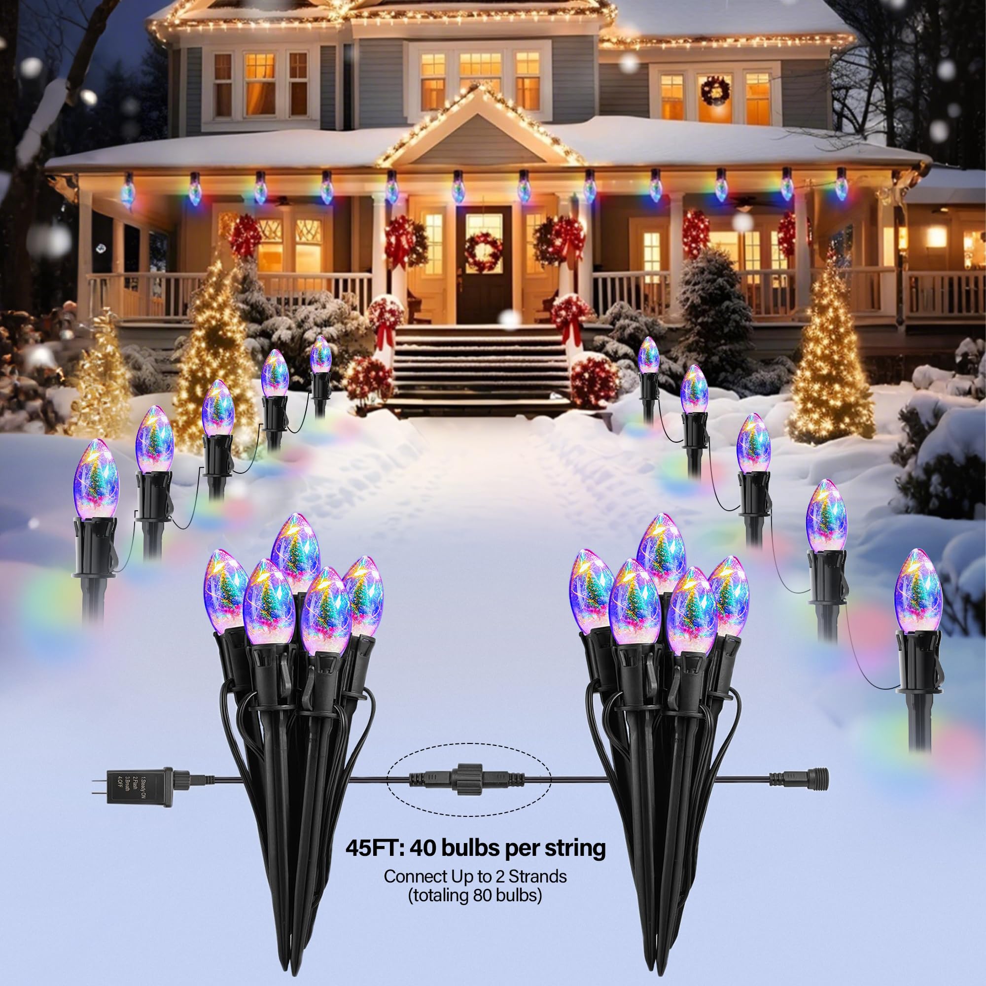 Ajoniam Upgraded 45Ft C9 Christmas Pathway Lights Outdoor, 40 C9 Led Bulbs With Stakes, Extendable Waterproof Christmas Lights F