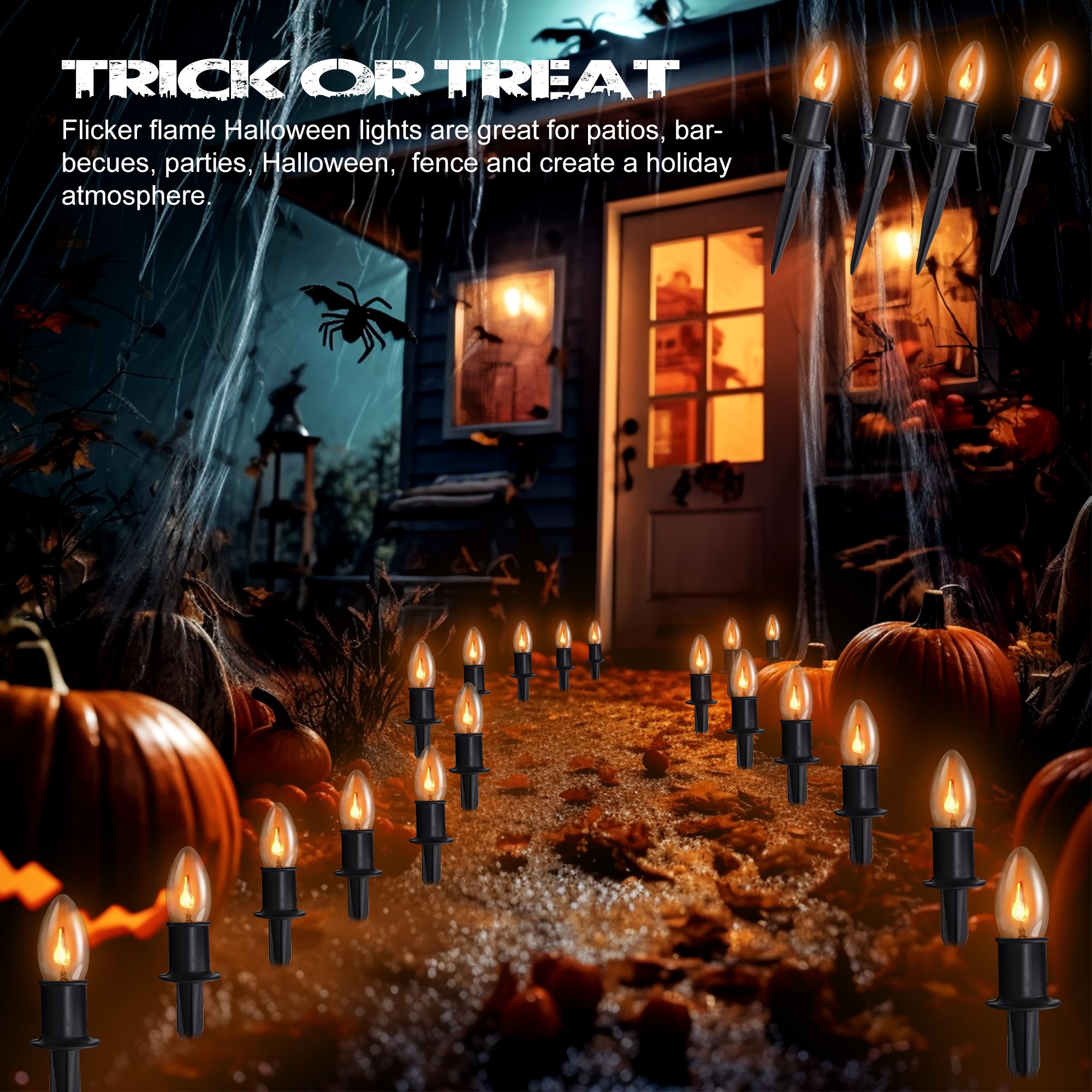 Tioriy 24.2Ft Flickering Flame Pathway Halloween Lights Decoration Outdoor, C9 String Lights Halloween Decor With Stakes, Waterproof 20 Flicker Lights For Garden, Party, Green Wire
