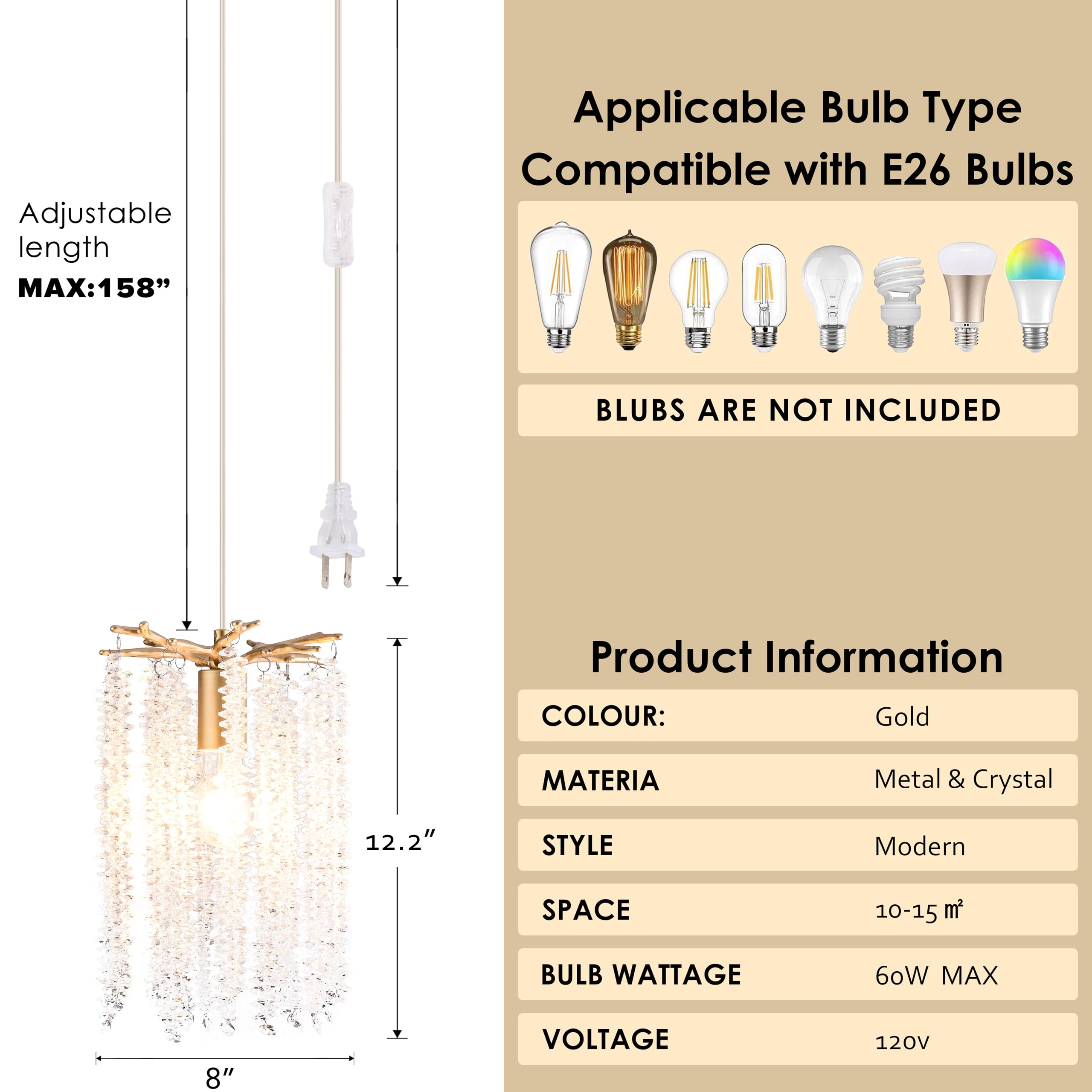MO&OK Crystal Chandelier Pendant Light, Gold, 15Ft Cord, Model 17012, Modern Antler Design for Kitchen, Bedroom, Hallway