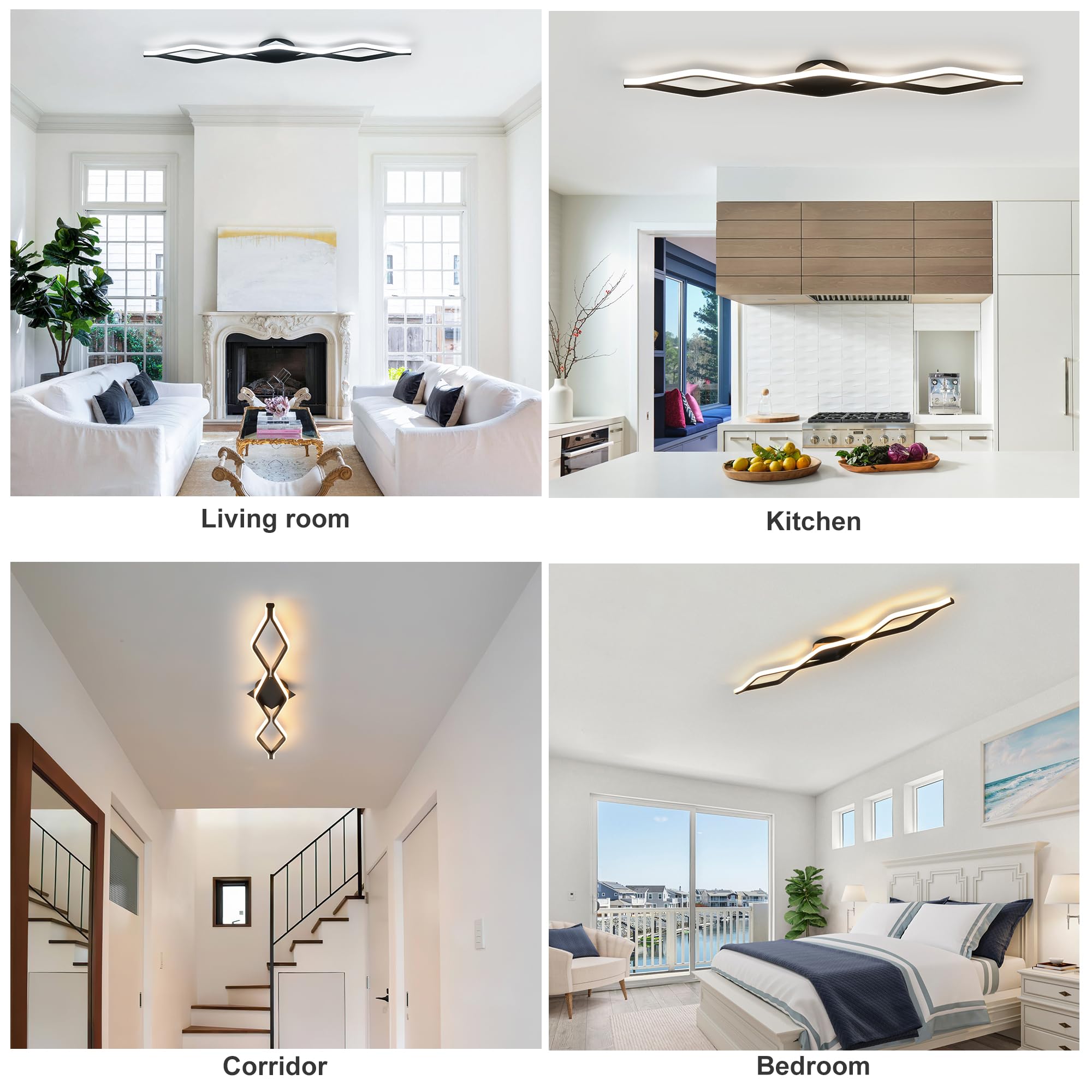 Qcyuui Dimmable Led Ceiling Lights 46.4 Kitchen Lighting Fixtures Ceiling Black Flush Mount Ceiling Light With Remote Linear Ceiling Light For Kitchen Bedroom Dining Room Hallway 24W