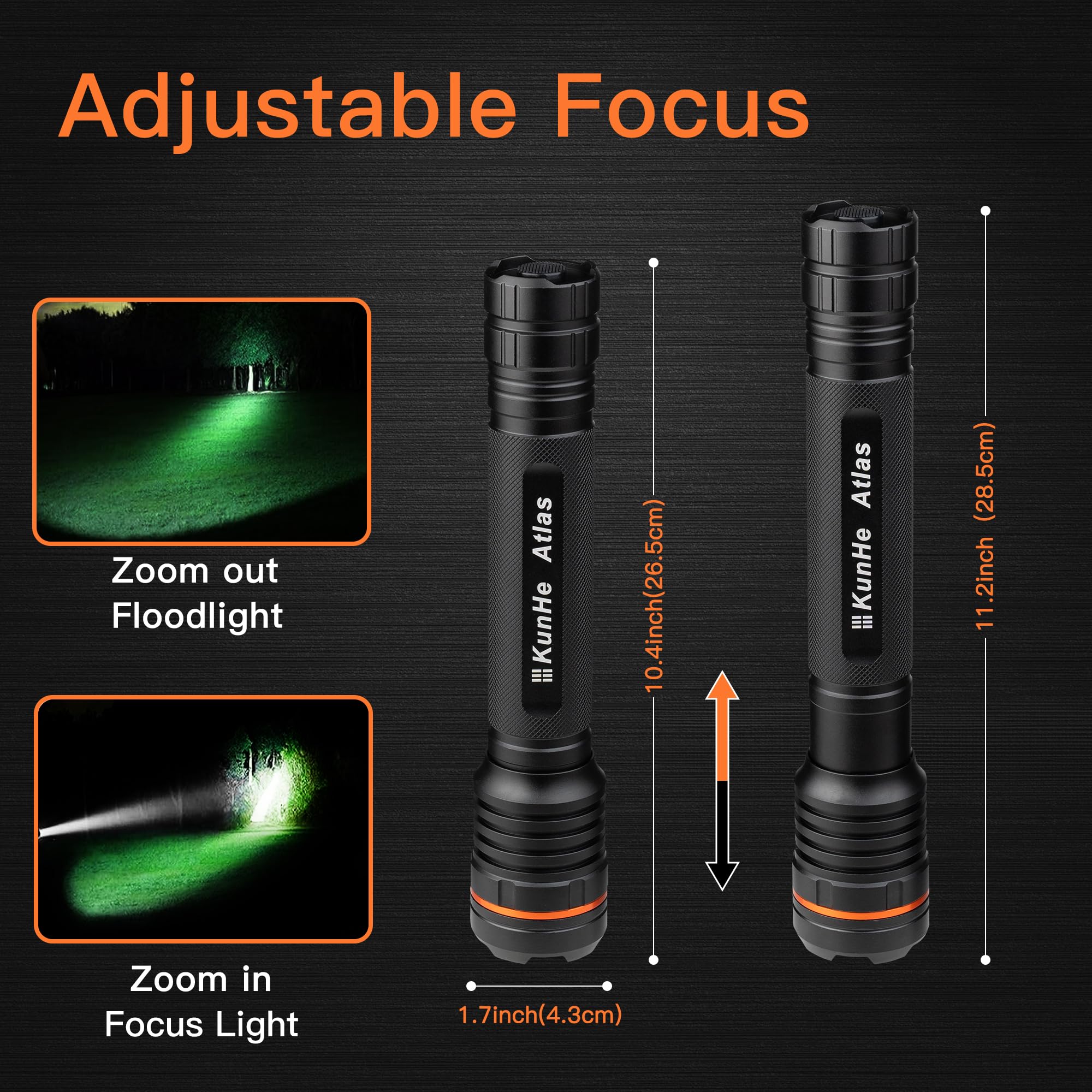 Kunhe Large Heavy Duty Flashlight, Led, Aluminum, Battery Powered, 3 D Cell Batteries, Tactical, High Lumens, 1-Pack, For Home,