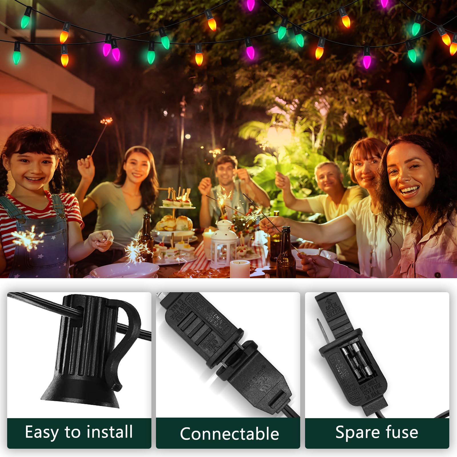 Konictom 25Ft Waterproof Led Halloween Lights - Multicolor C7 Bulbs For Outdoor Indoor Decor