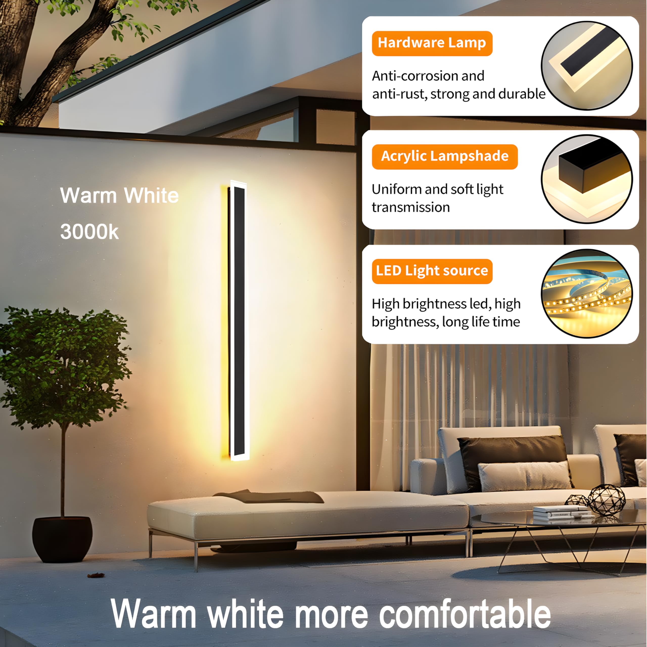 RGZZUP Outdoor LED Wall Light, 59in, 55W Waterproof IP65, Black, Rectangular, Elegant Frosted White Acrylic, 2Pack