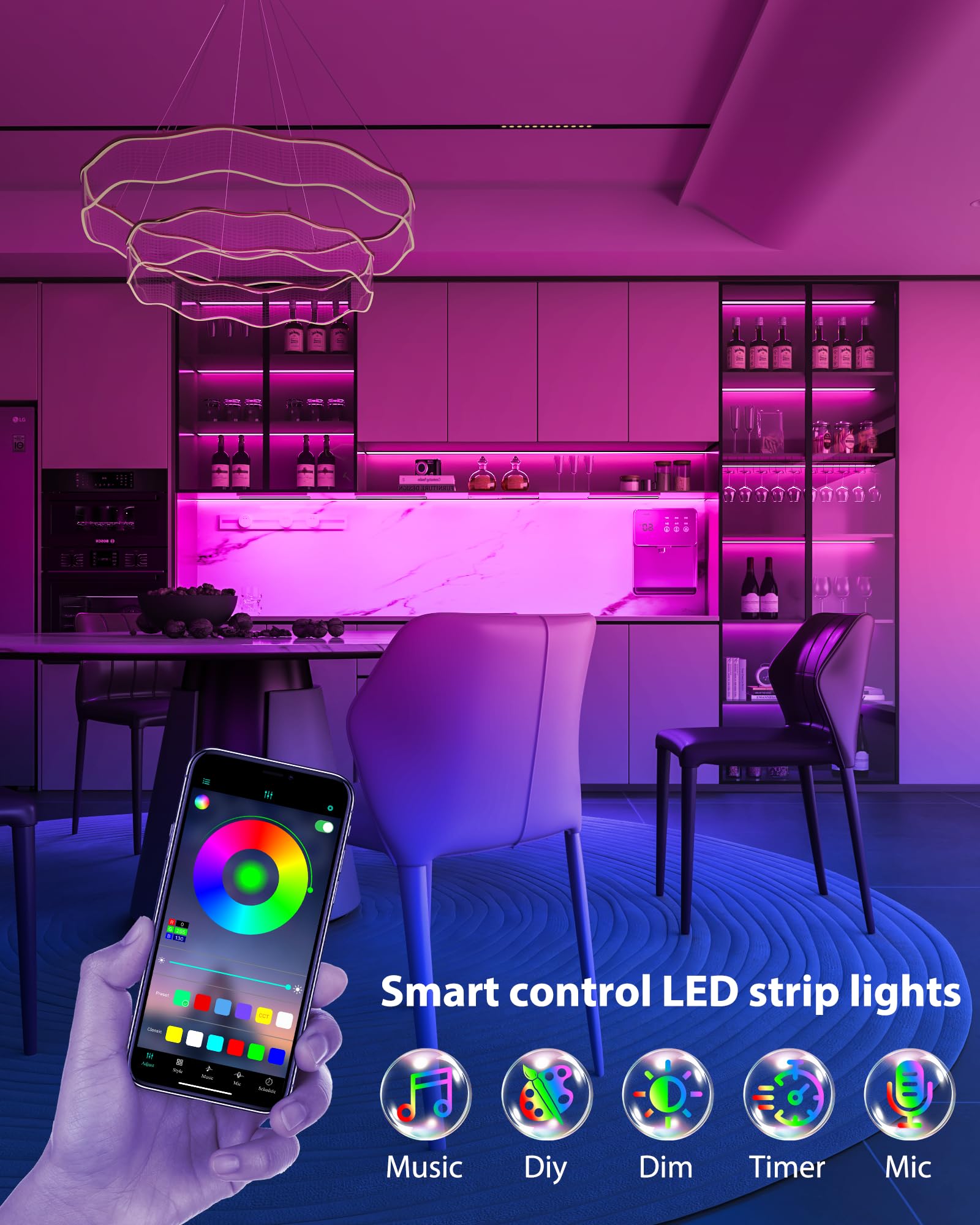 ASOKO LED Under Cabinet Lights - 200 Lumens RGB, 12-inch Linkable Strip, 3 Pack, Music Sync, APP & Remote Control