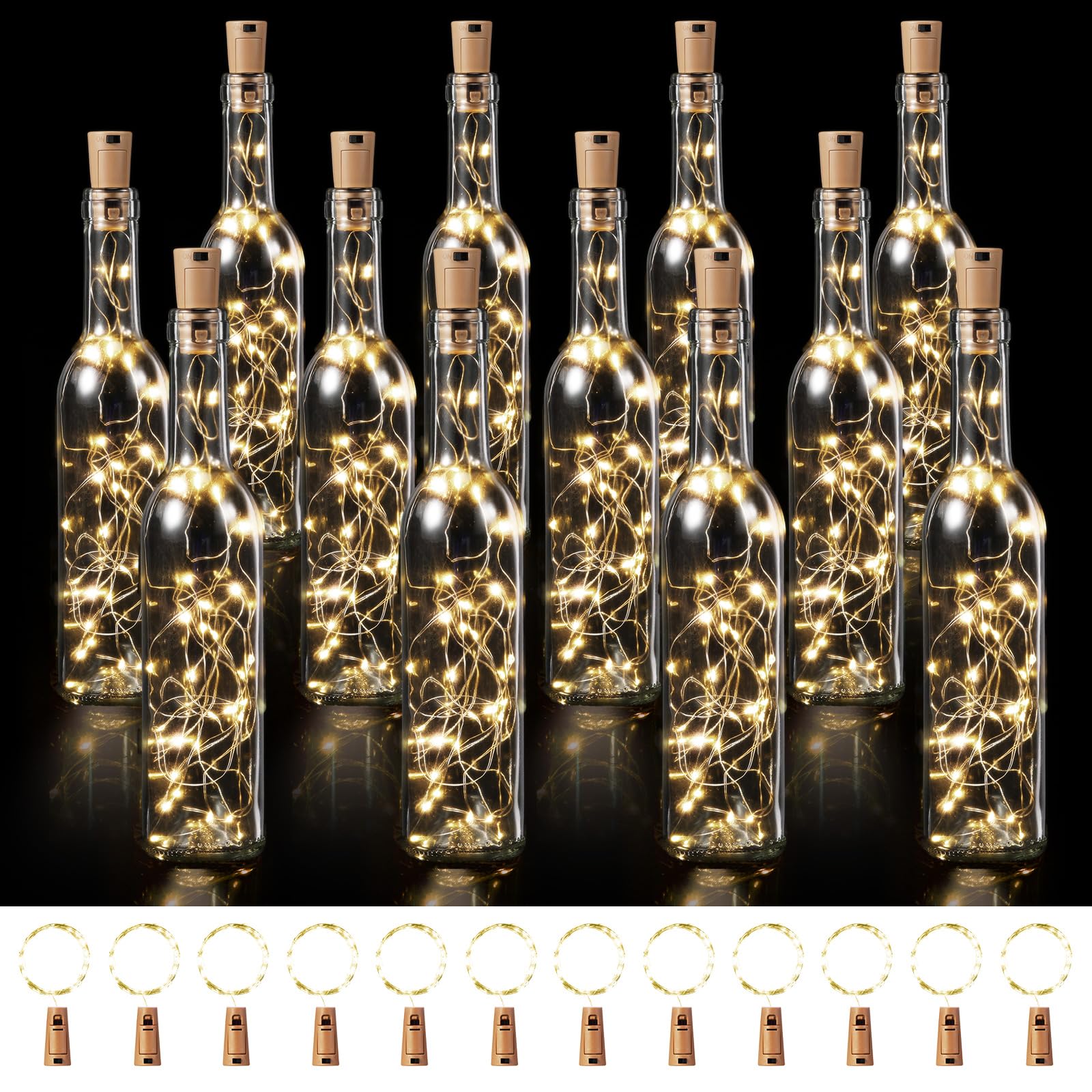 Rtteri 24 Pcs Wine Bottles with Cork Lights, Glass, 10 x 2.4 Inch, Warm White, Model HUN-Rtteri-3102