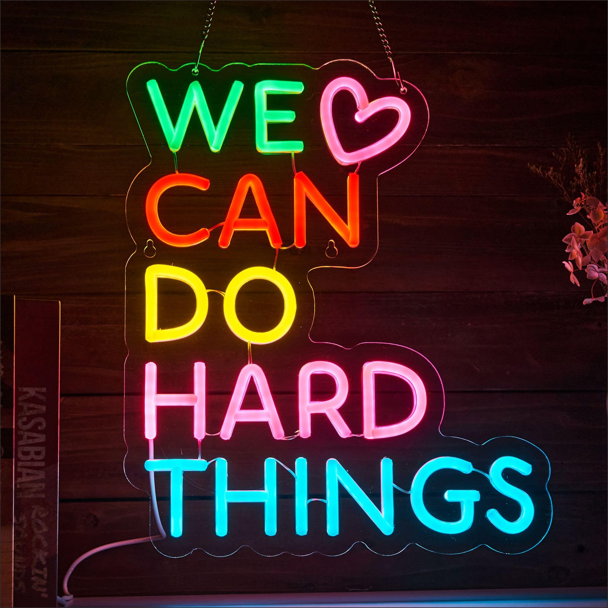 VarLietin Neon Sign - We Can Do Hard Things Wall Decor, Dimmable Acrylic Light, USB Powered, Green/Pink/Yellow/Blue, Model Var-DoHard