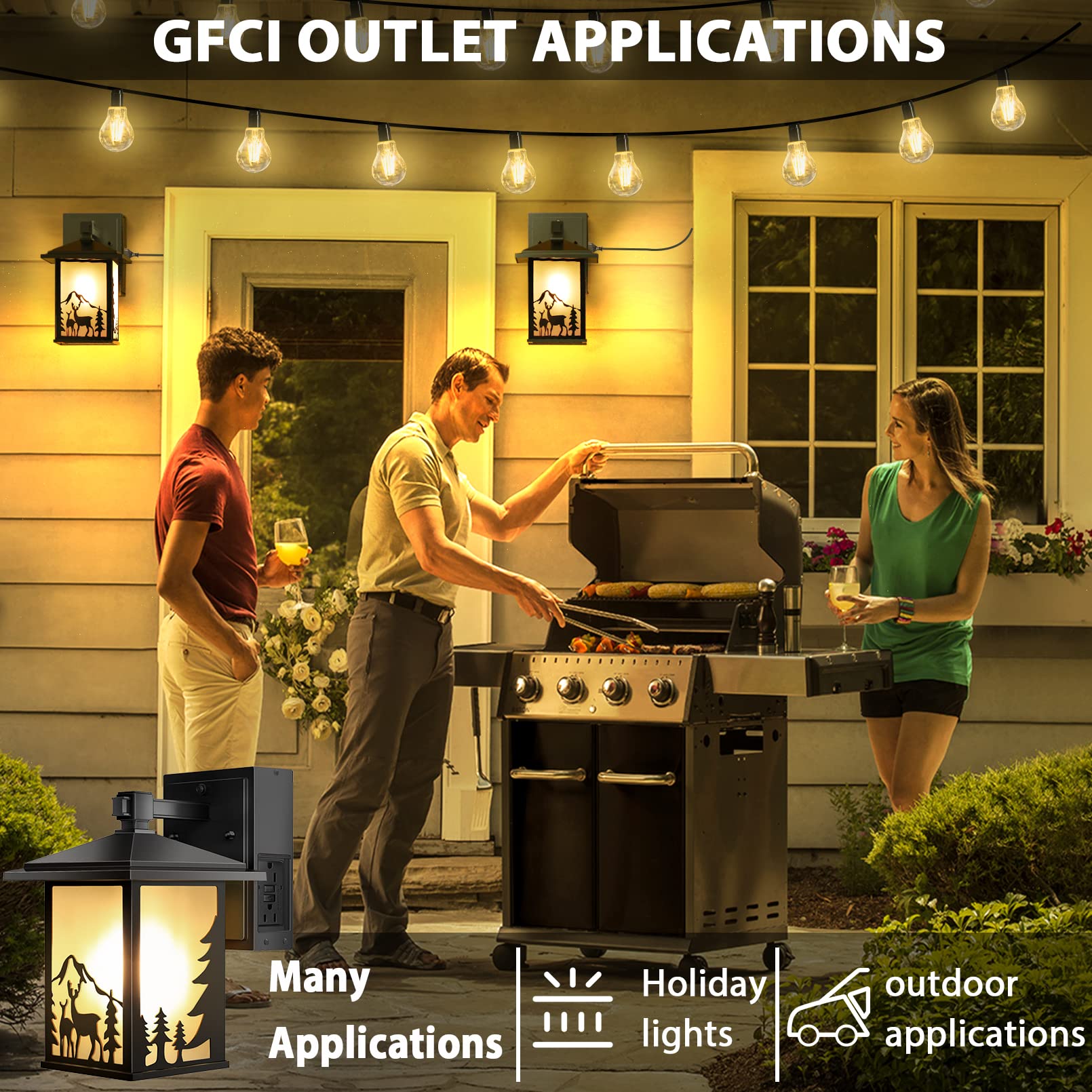 OYKYOHEI Porch Lights with GFCI Outlet, Dusk to Dawn, Waterproof Aluminum, Black, Model 0454GF, 1pcs