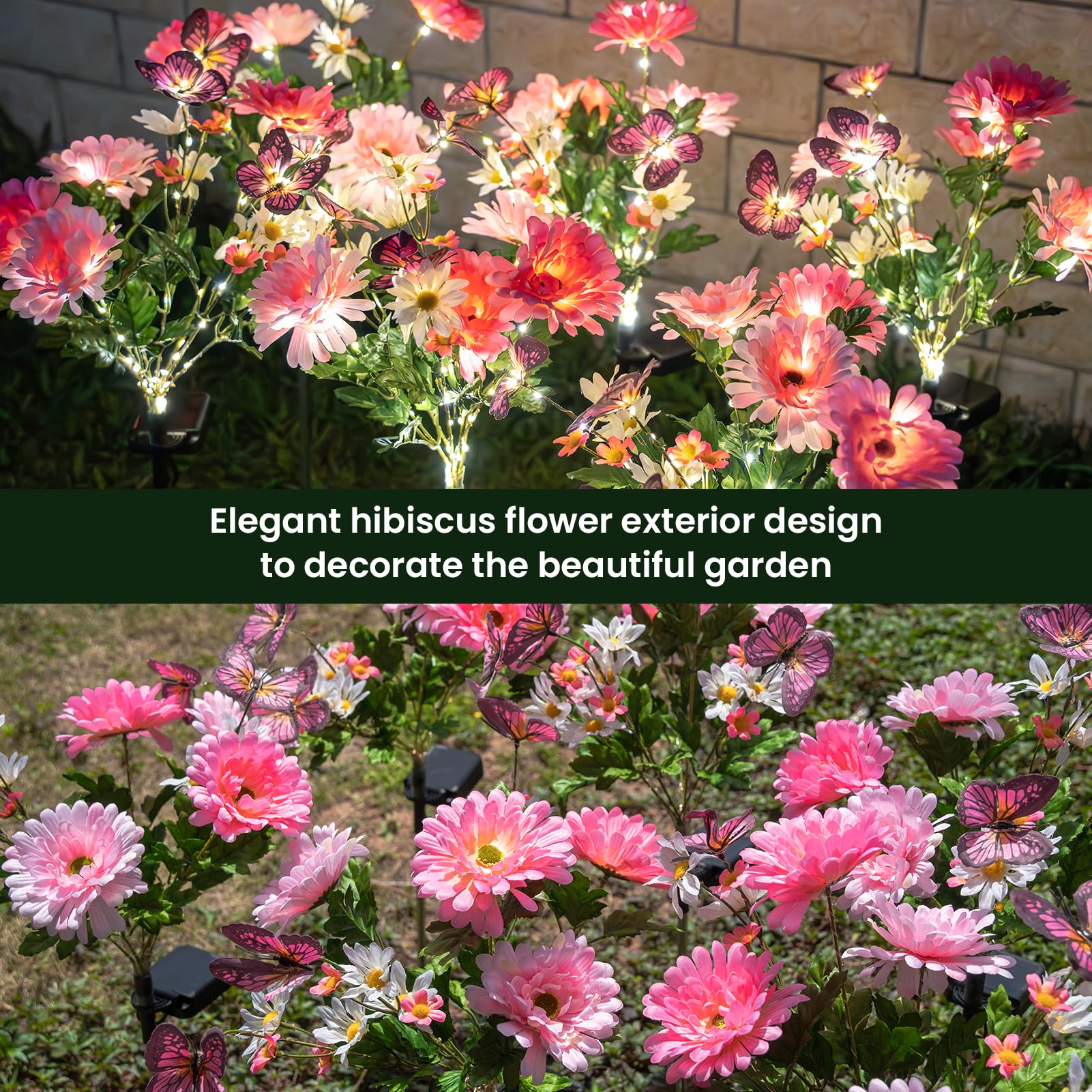 Topvelo Solar Garden Light 4 Packs  120 Leds Outdoor Solar Lighting With Daisy And Butterfly  Waterproof Outdoor Garden Light For Patio  Courtyard  Pathway Decoration (Pink)