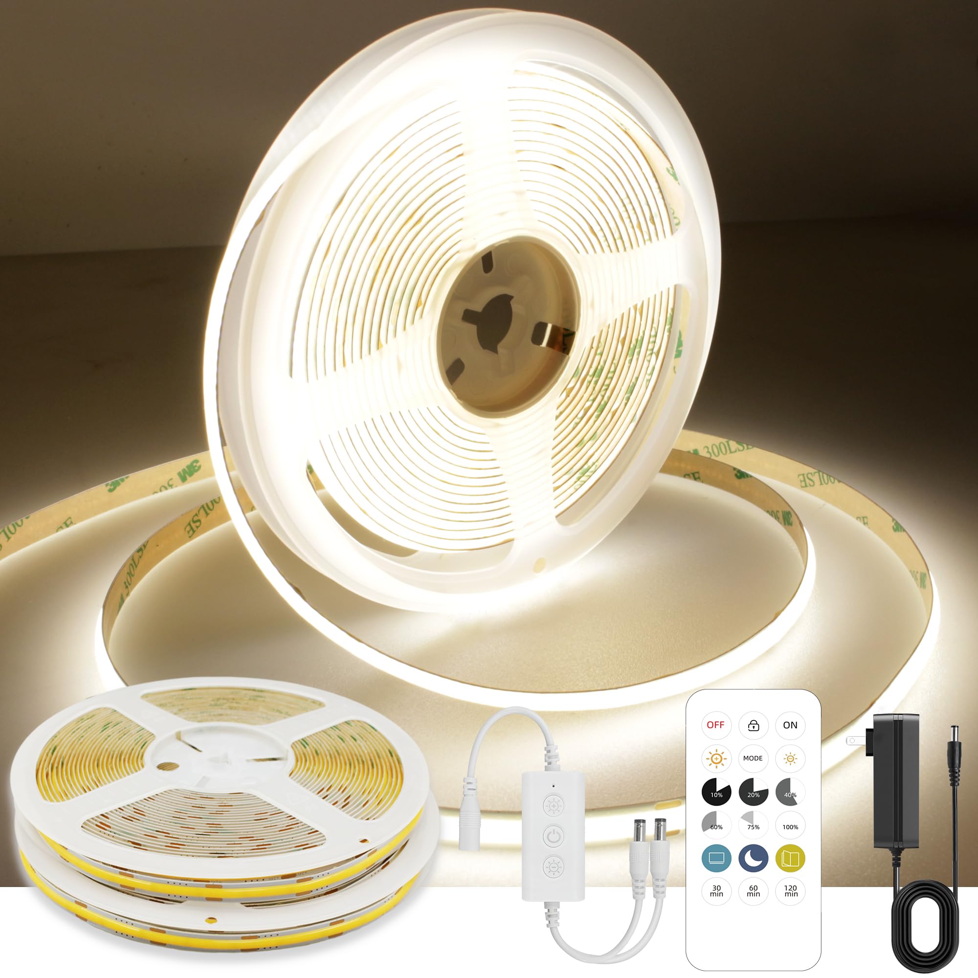 AXMOTUT COB LED Strip Light 32.8ft, 320 LEDs, 4000K Natural White, Dimmable, RF Remote, UL Power Supply, 2 Rolls of 