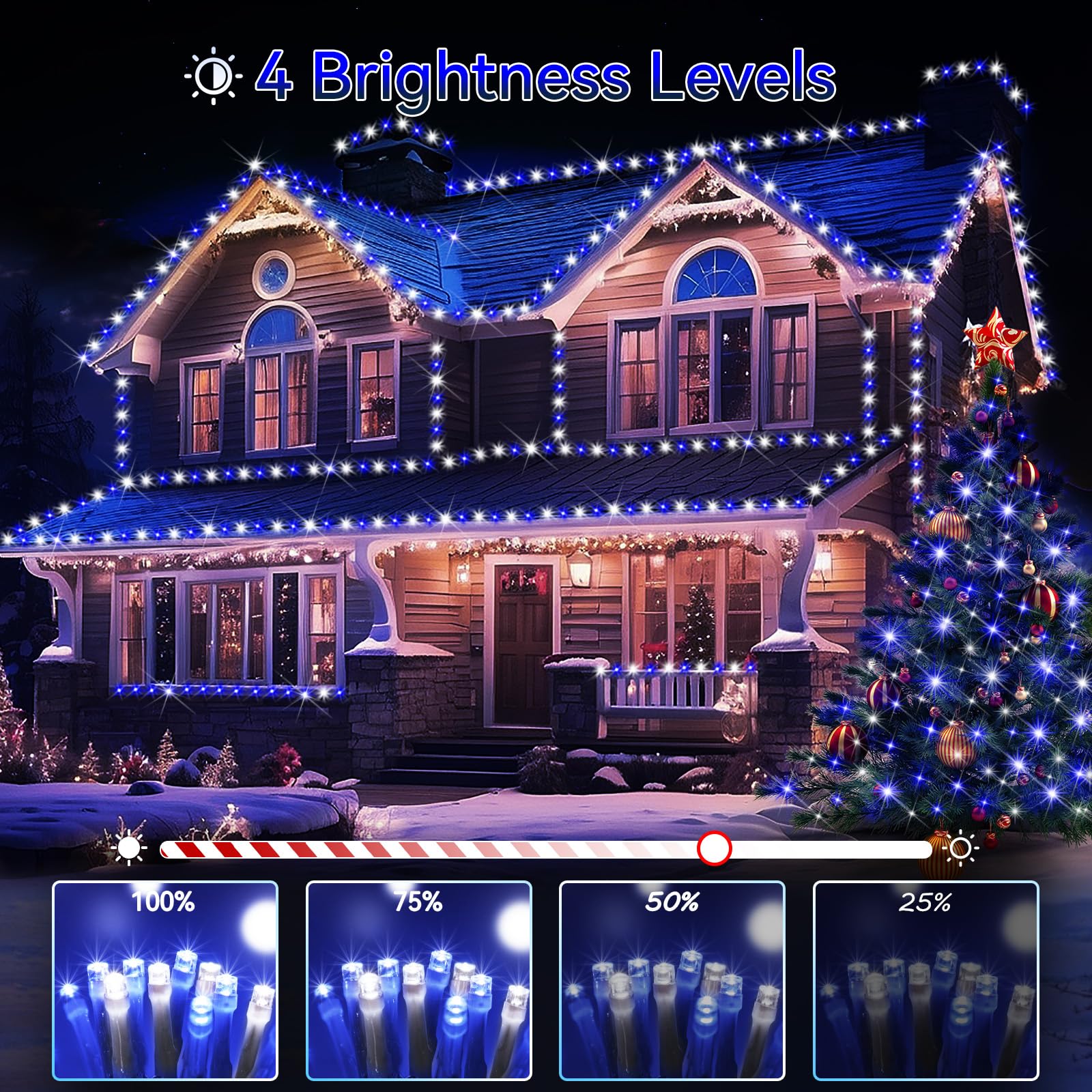 Hezbjiti 1000 LED Christmas String Lights Outdoor, 403 FT, IP44 Waterproof, 8 Modes, Timer, Dimmable, Blue+White, Clear Wire