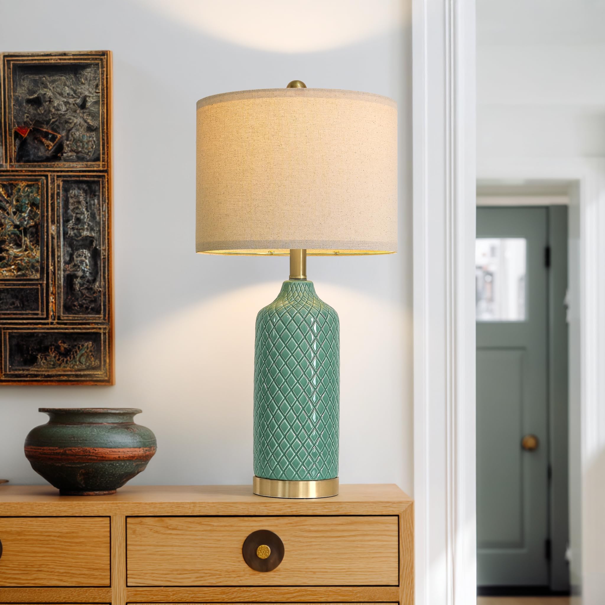 G-Safava24.25 Modern Ceramic Green Table Lamps Set Of 2 For Living Room  Farmhouse  Bedside  Bedroom  Side & End Tables Nightstand Light Home Office Desk Lamps Gifts