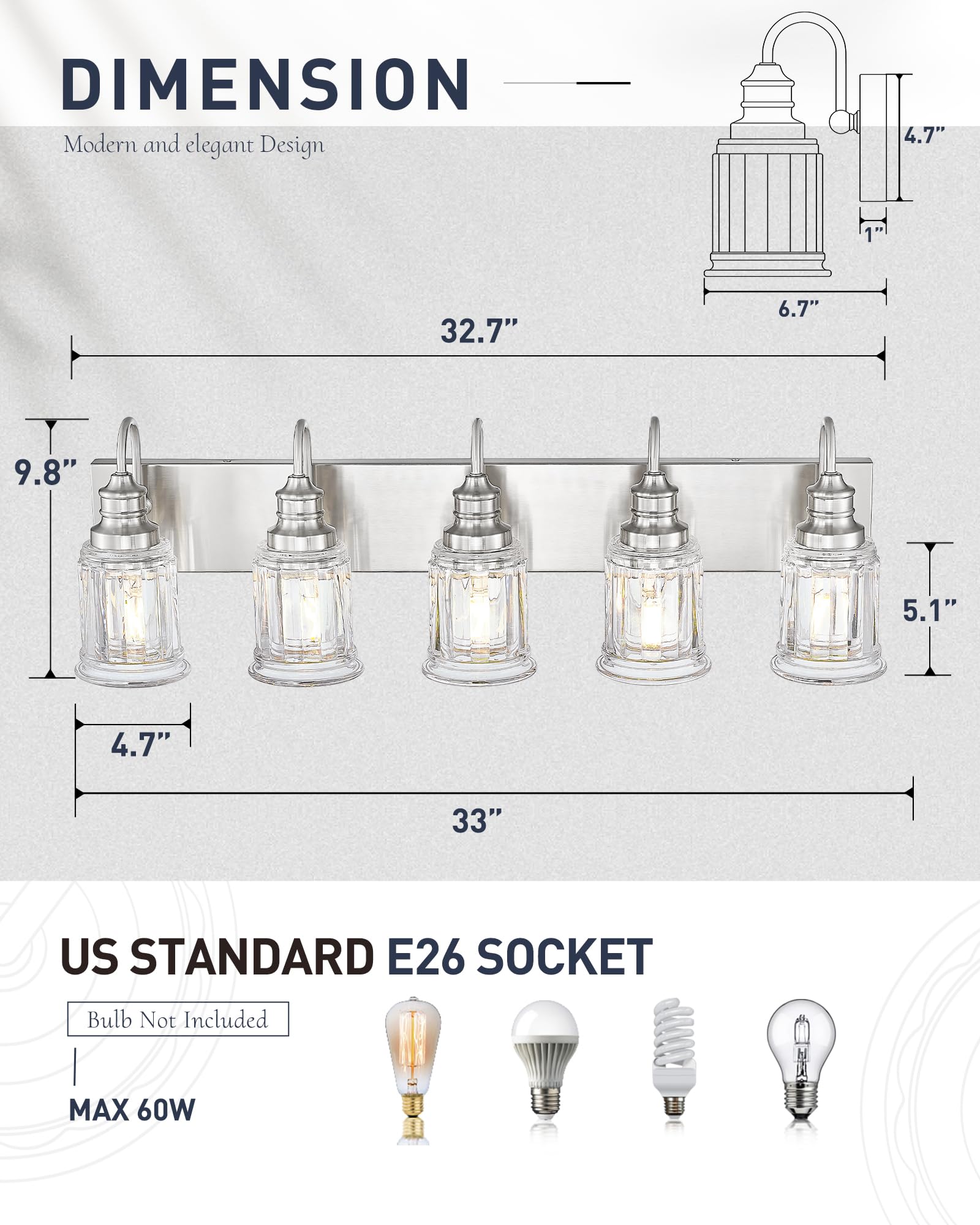Bathroom Light Fixtures  Hwh 5-Light Vanity Light  Modern Brushed Nickel Wall Lighting Over Mirror  Bell-Shaped Striped Glass  5Hzg106B-5W Bn