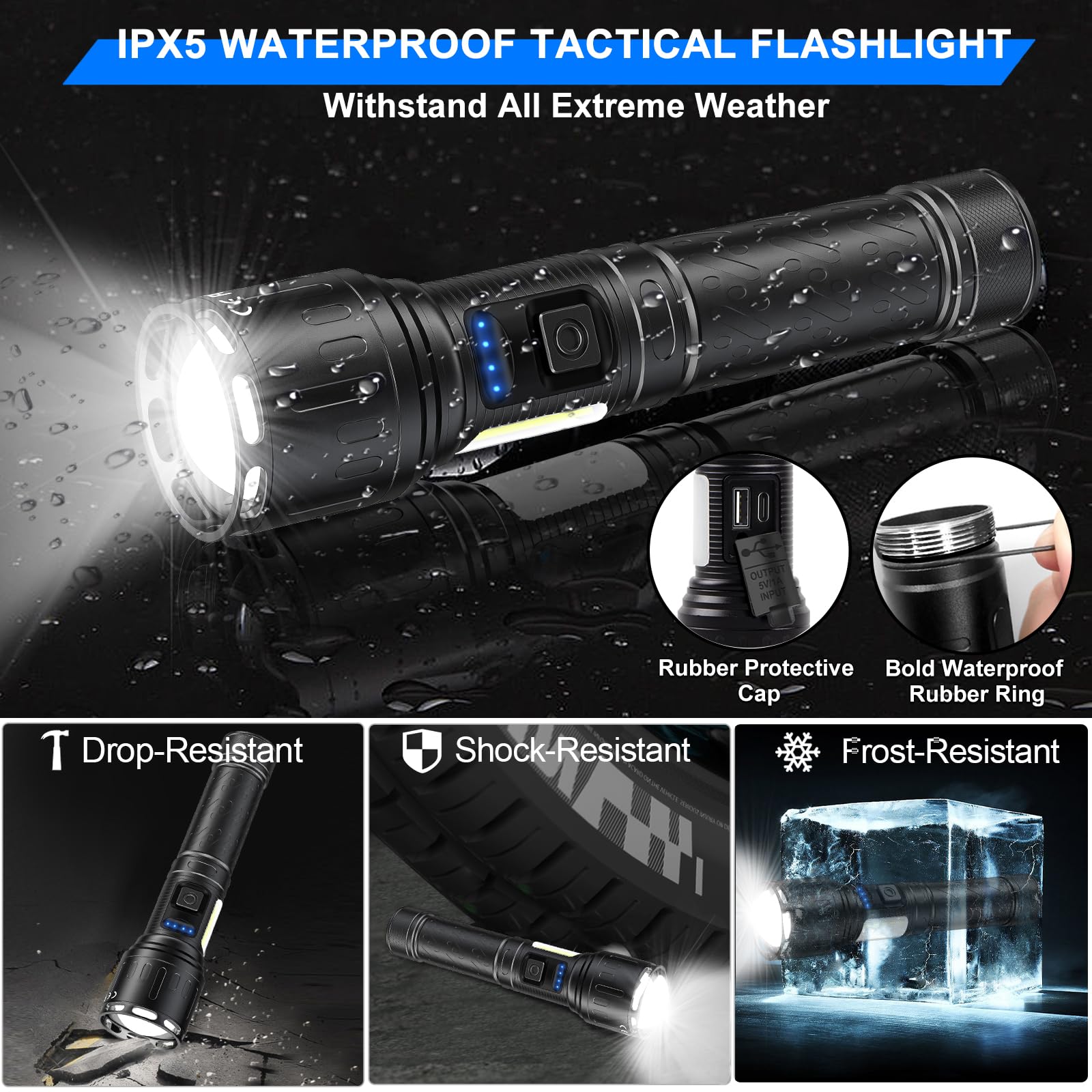 Rechargeable Magnetic Flashlights 100 000 High Lumens  Super Bright Led Powerful Flashlight 8 Modes With Cob Work Light  Waterproof Handheld Flash Light For Camping (2 Pack With Paper Box  Black)