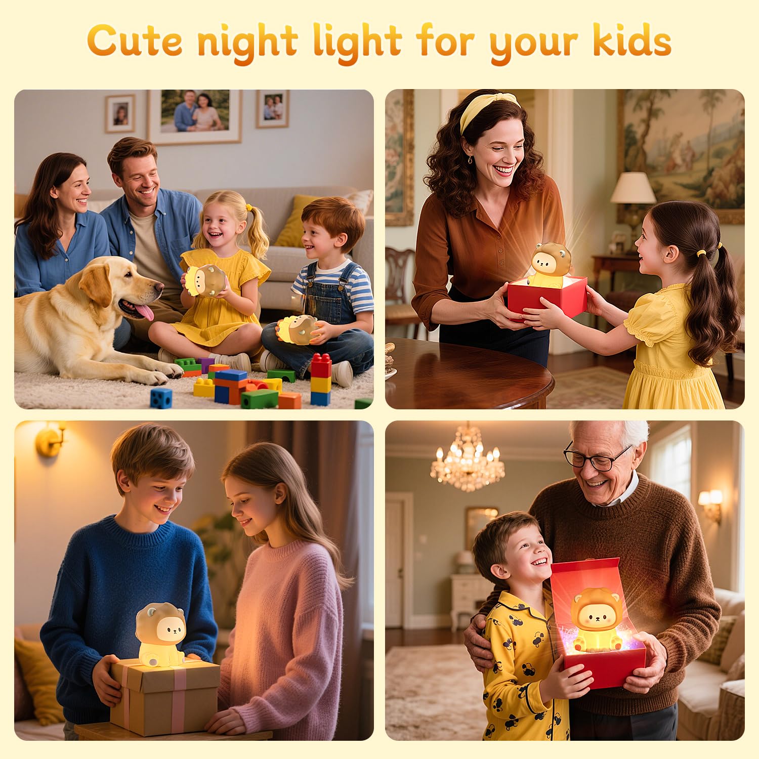 KinYiLO Cute Lion Night Light - Rechargeable Silicone Lamp, Small, 3 Brightness Levels, Warm Light, Tap Control, Model LLD-D18