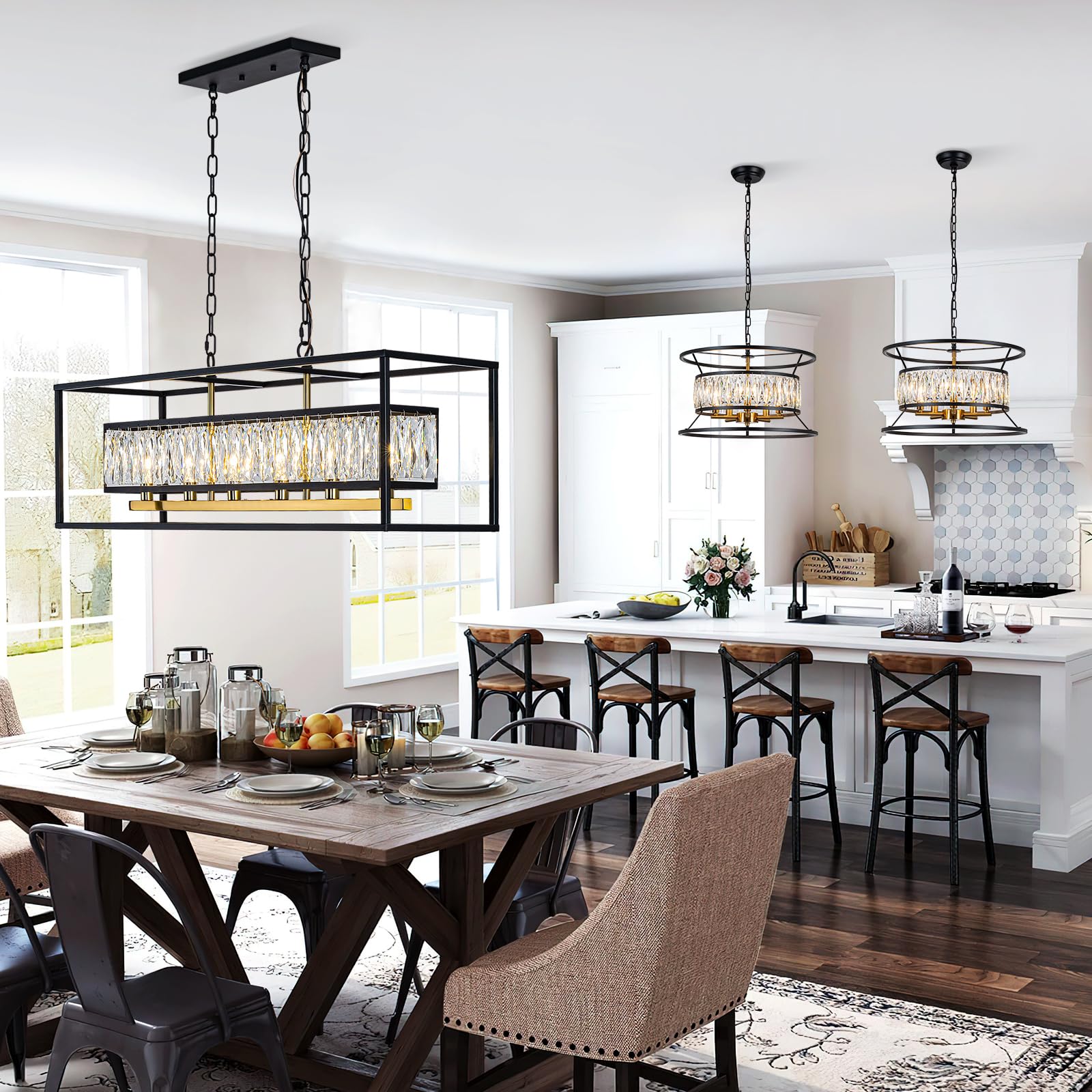 Vezzio Modern Farmhouse 6-Light Crystal Chandelier, Black & Satin Brass, Rectangular Pendant Light for Dining Room and Kitchen Island