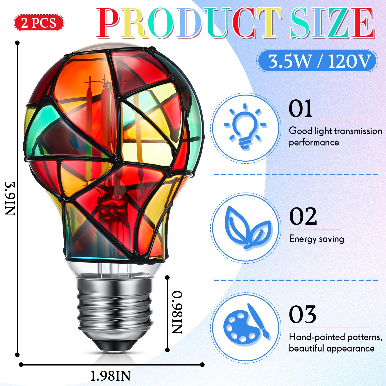 Baquler LED Stained Glass Bulb A19 3.5W E26 Base Colorful Light for Home, Xmas, Party Decoration