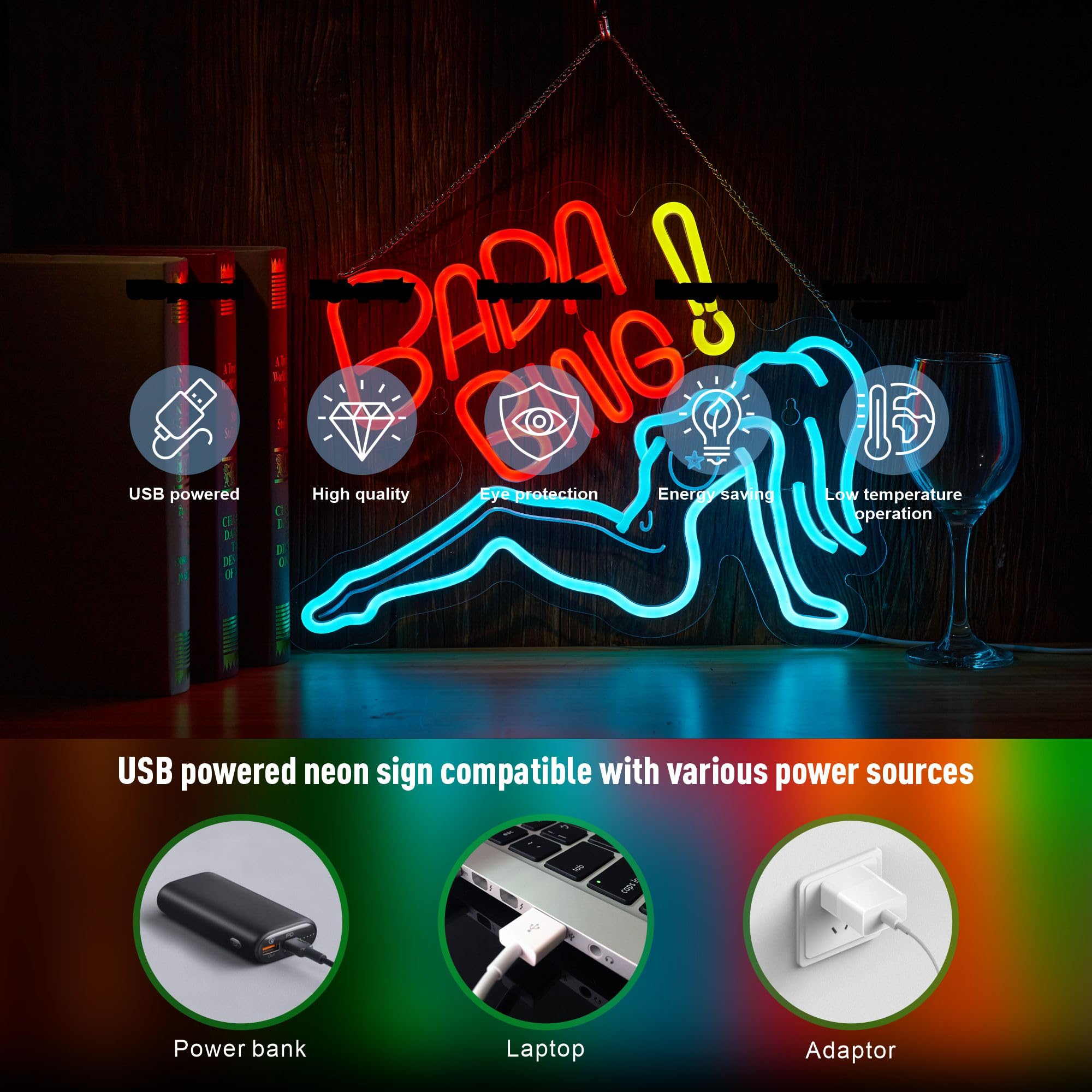 NEONLAND Bada Bing Neon Girl Sign - LED Wall Decor Light for Bedroom, Pub, Man Cave - Dimmable Red & Blue Silicon, Acrylic, Steel