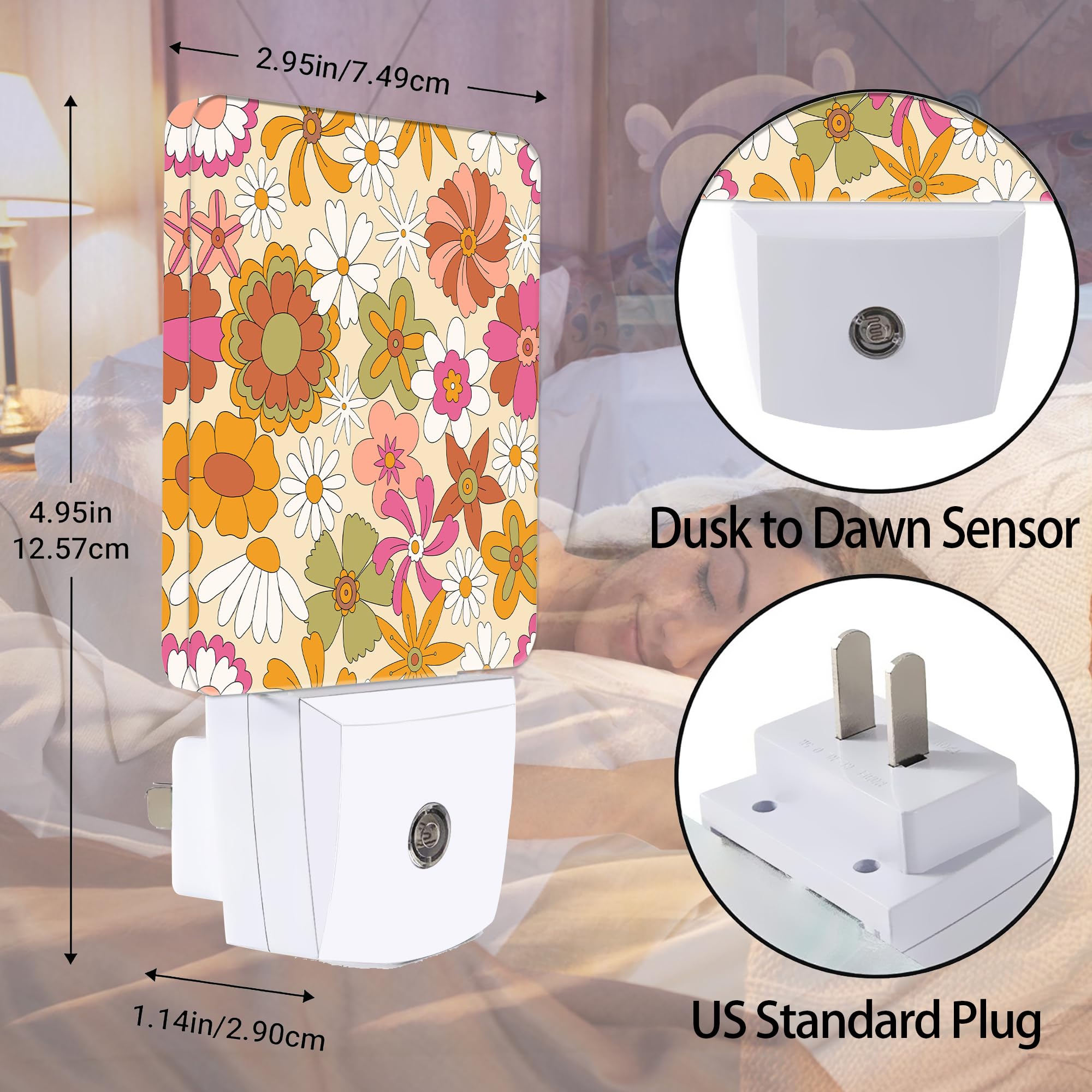 Jopowide Vintage Boho Floral Night Light Plug In Wall Lamp Smart Dusk To Dawn Sensor For Home Decorative, Kids Room Bedroom Bath