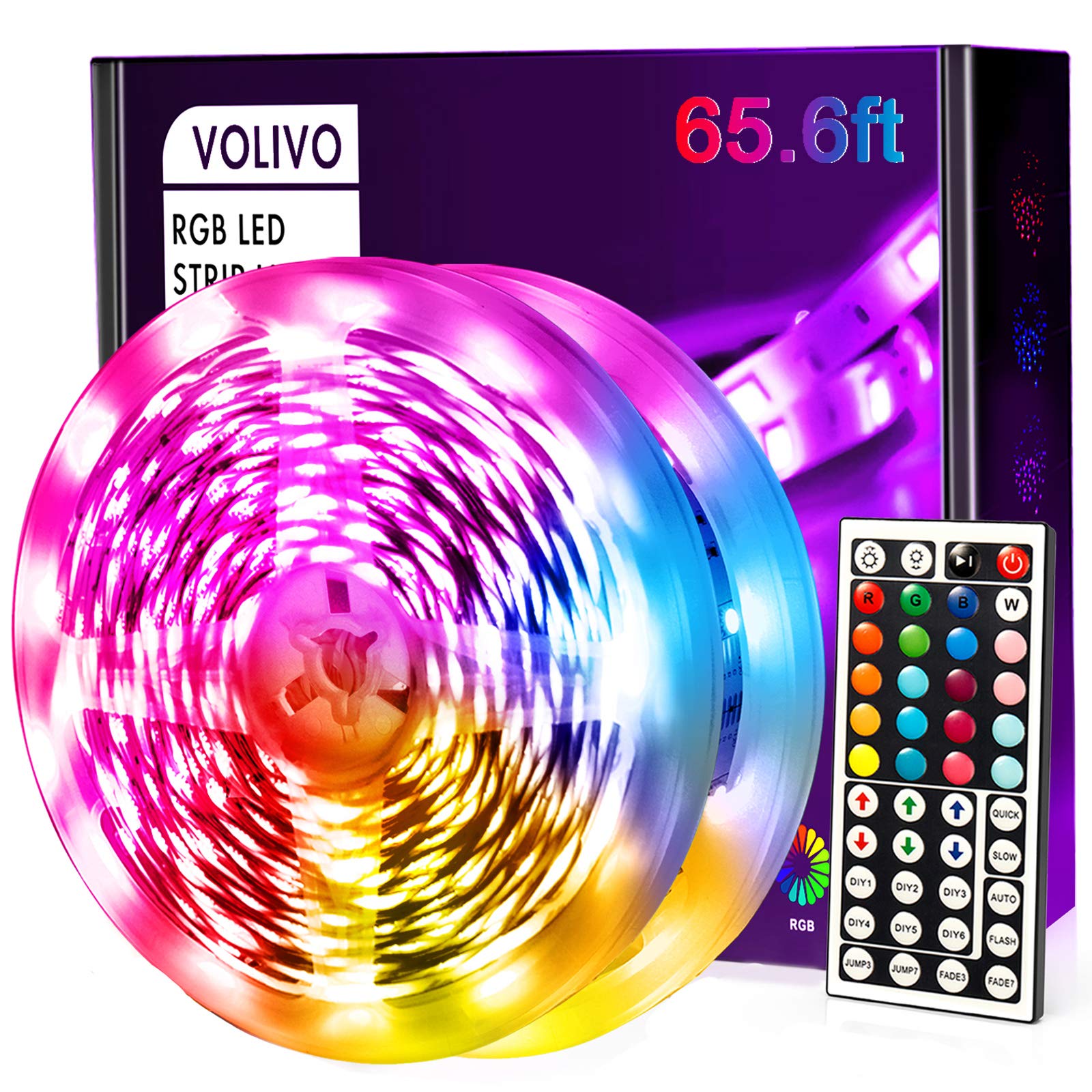 Volivo 65.6 Ft Led Strip Lights, Rgb Color Changing With 44 Keys Remote For Home Decoration