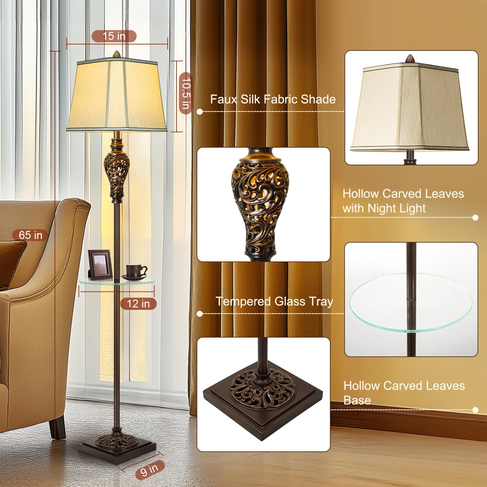 Rustic Floor Lamp For Living Room With Nightlight And Glass Tray, Vintage Standing Lamp With Beige Faux Silk Shade, Farmhouse Ta