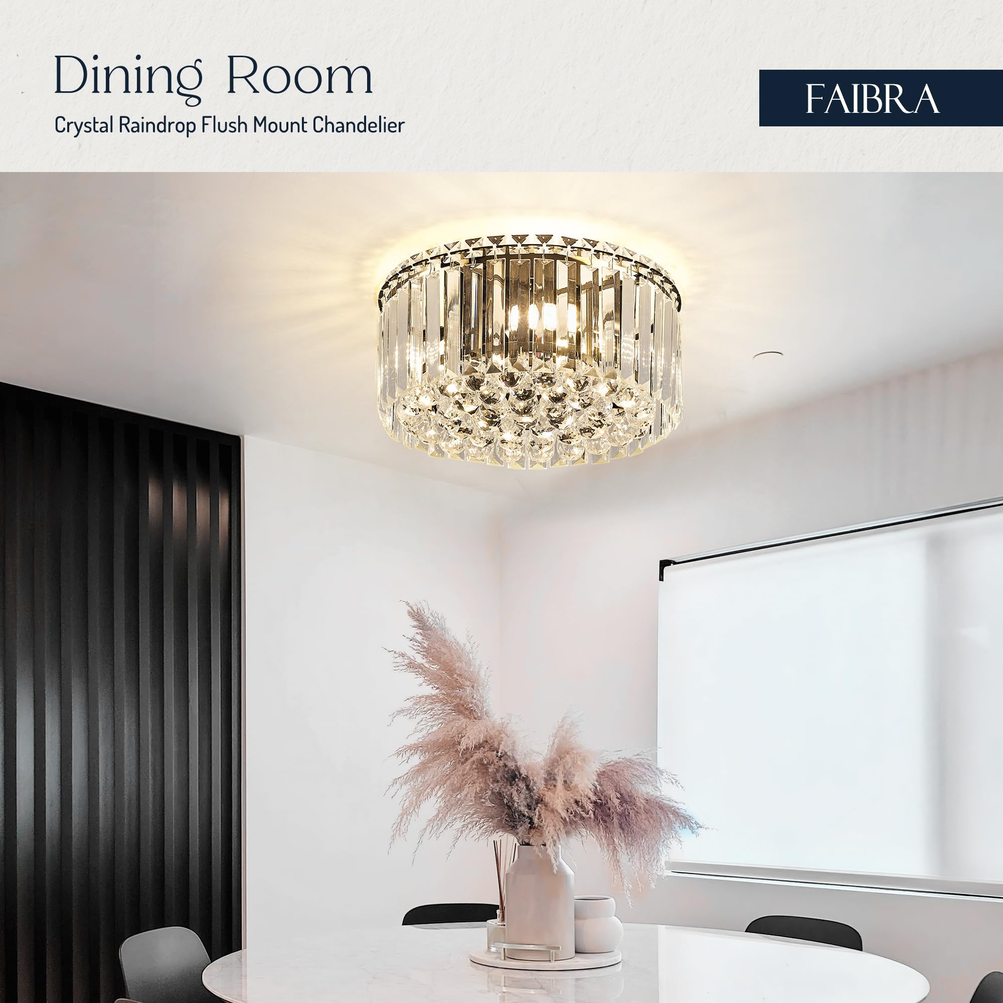 Faibra 12.6" Black K9 Crystal Raindrop Flush Mount Ceiling Light - Modern Chandelier for Dining Room, Bedroom, Kitchen & Living Room