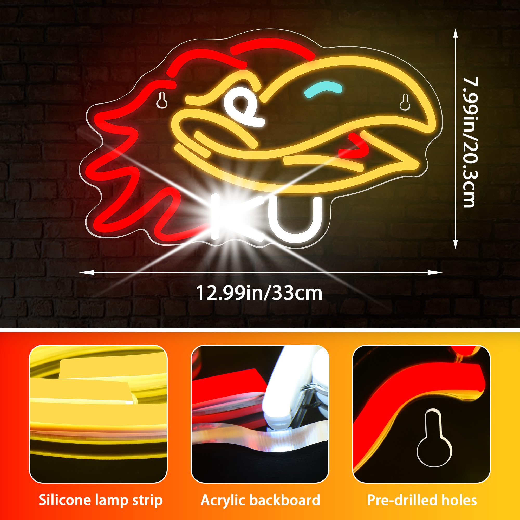LALAON Neon Sign for Wall Decor - University Football Team LED Light - 13x8in - Red and Yellow KU - Model ZKXD10001
