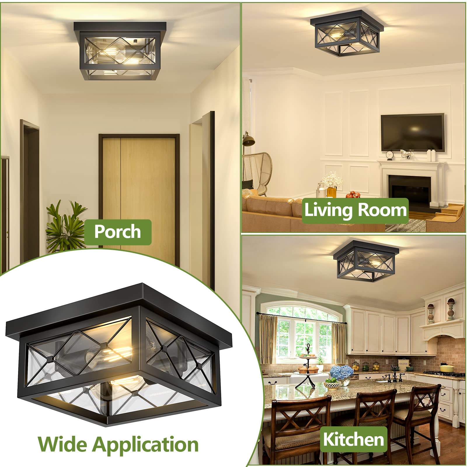 Asnxcju Farmhouse Light Fixtures Ceiling Mount, 2-Light Black Flush Mount Ceiling Light With Clear Glass Shade, Metal Cage Squar