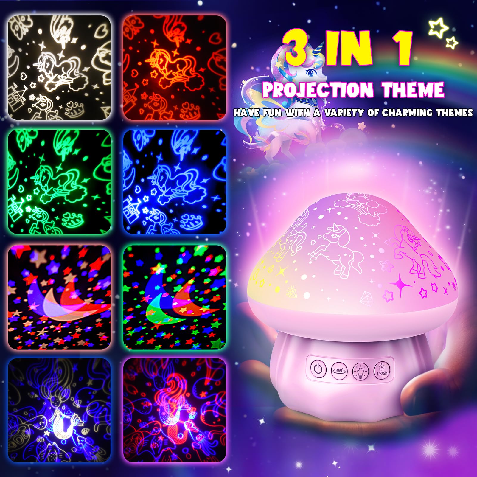 DEVRNEZ Night Light Projector for Kids, 4-in-1 Unicorn & Sea & Star, Pink, Model 005, Ideal for 3-12 Year Olds, Bedroom Night Lamp