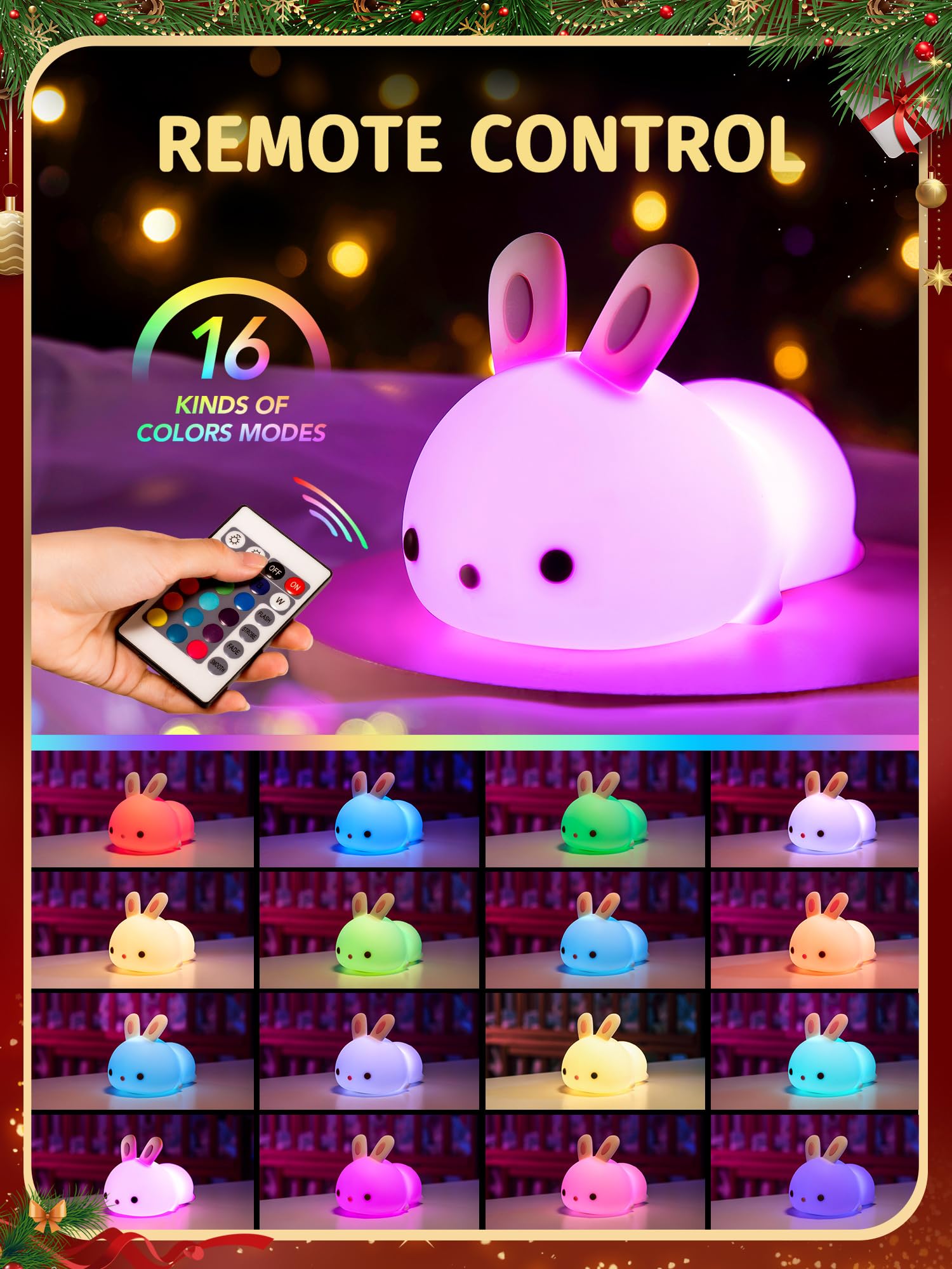One Fire Cute Bunny Baby Gifts For Girls?Gifts Package+Remote?, 16 Colors & Remote Baby Girl Nursery Night Light, 100% Safety Baby Girl Gift For Baby Girl,Rechargeable Baby Girl Gifts For Baby Girl