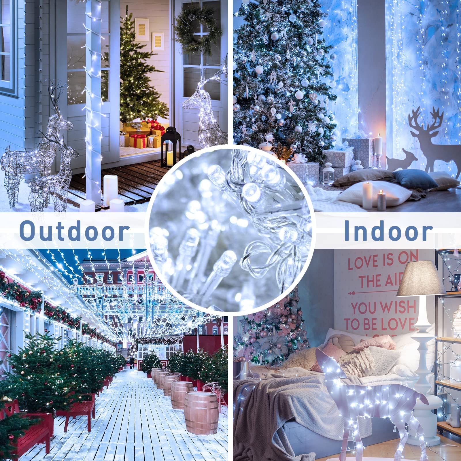 JMEXSUSS LED Christmas String Lights, 250 Count, 91.5ft, Clear Wire, 8 Modes, Indoor Outdoor, White, Model EXS-S-0250