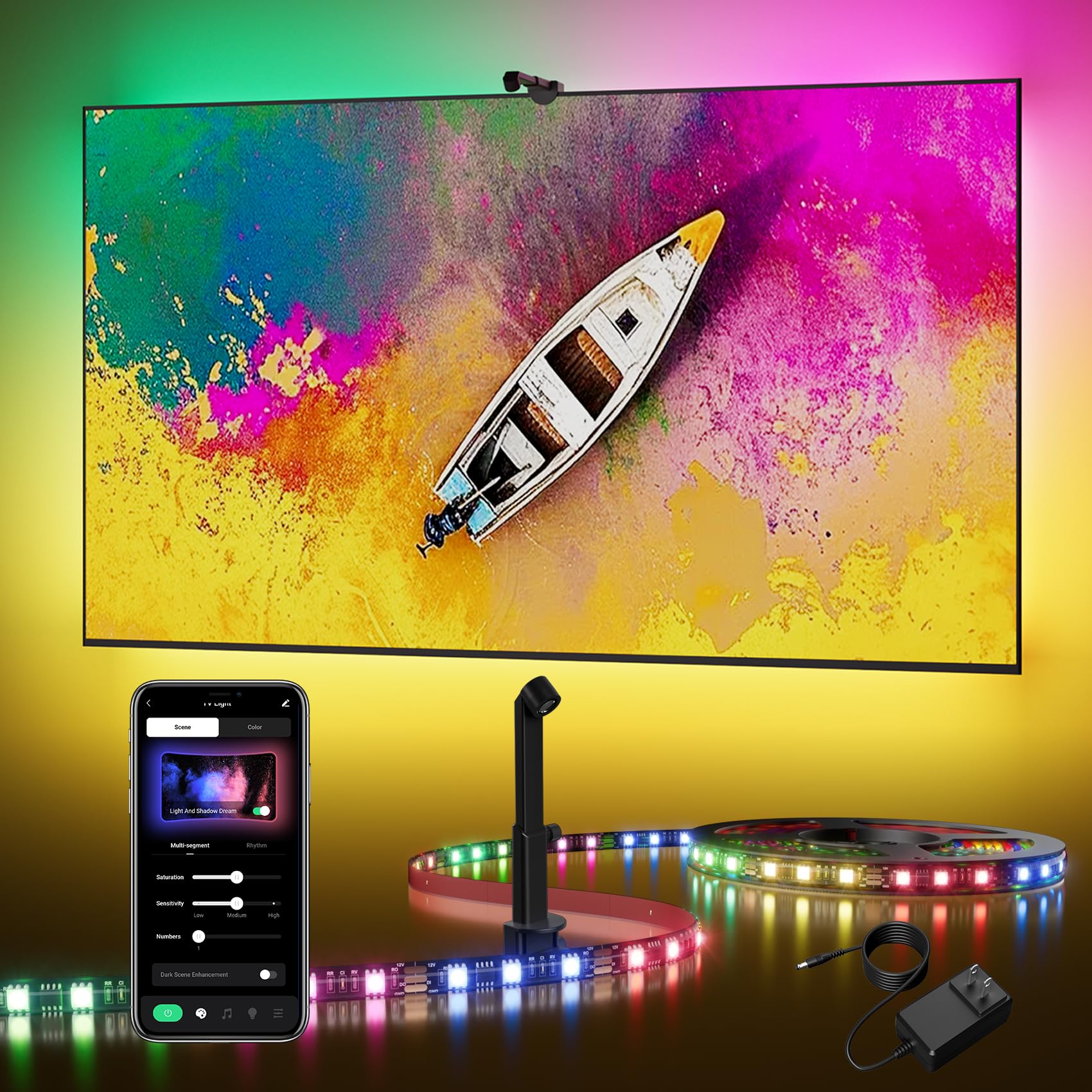 DeckTok TV Backlight LED 15ft - TV Backlight Sync to Screen PC Monitor for 55-75 Inch RGB LED Band Lights Cuttable with Sensor Smart App Control Game & Music Sync Color Changing Light for Home Decor