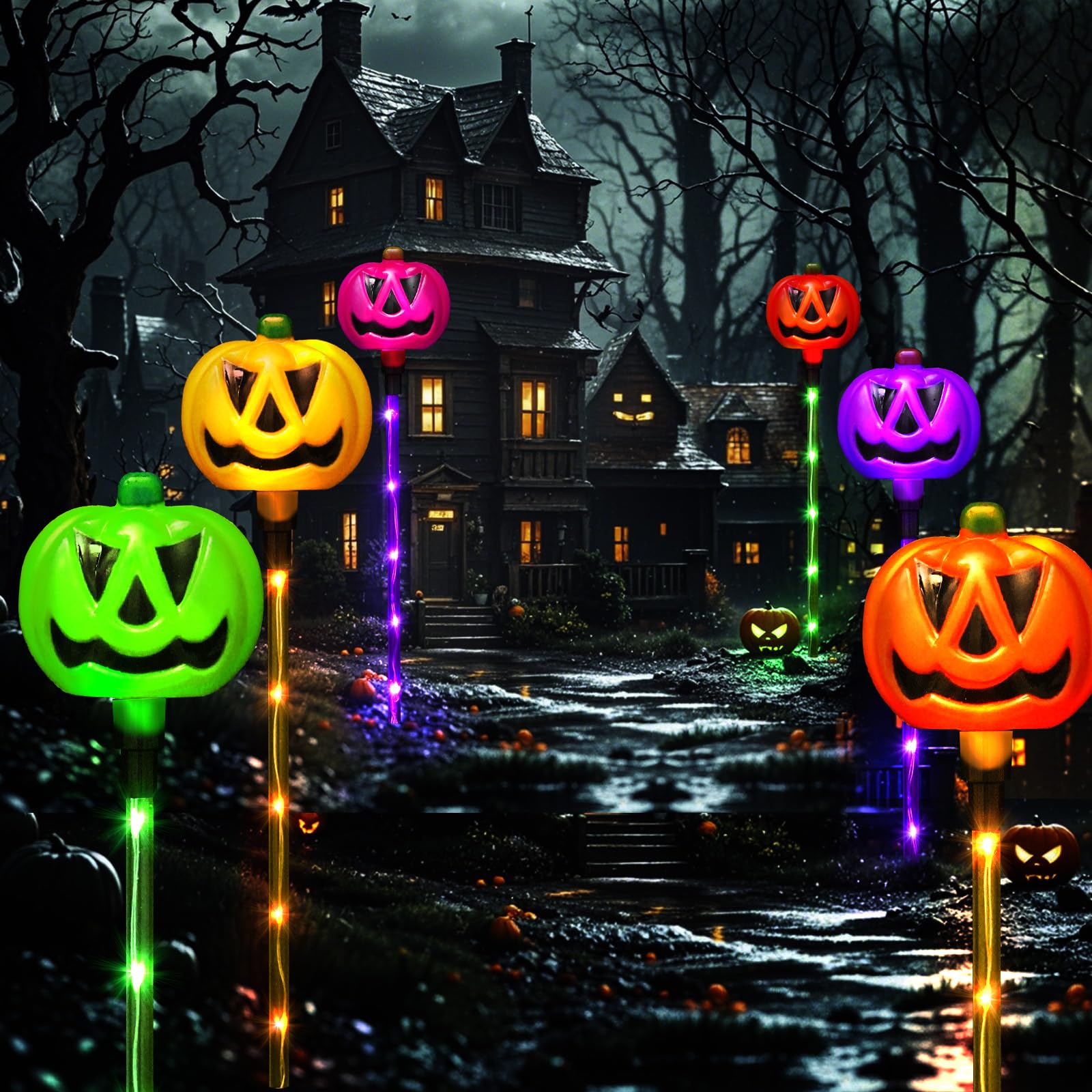 Fathisooc Set Of 6 Solar Pumpkin Pathway Lights For Halloween Decorations Outdoor, Color Changing Outdoor Halloween Lights, Light Up Jack O Lantern Pumpkins For Halloween Party Porch Yard Decorations