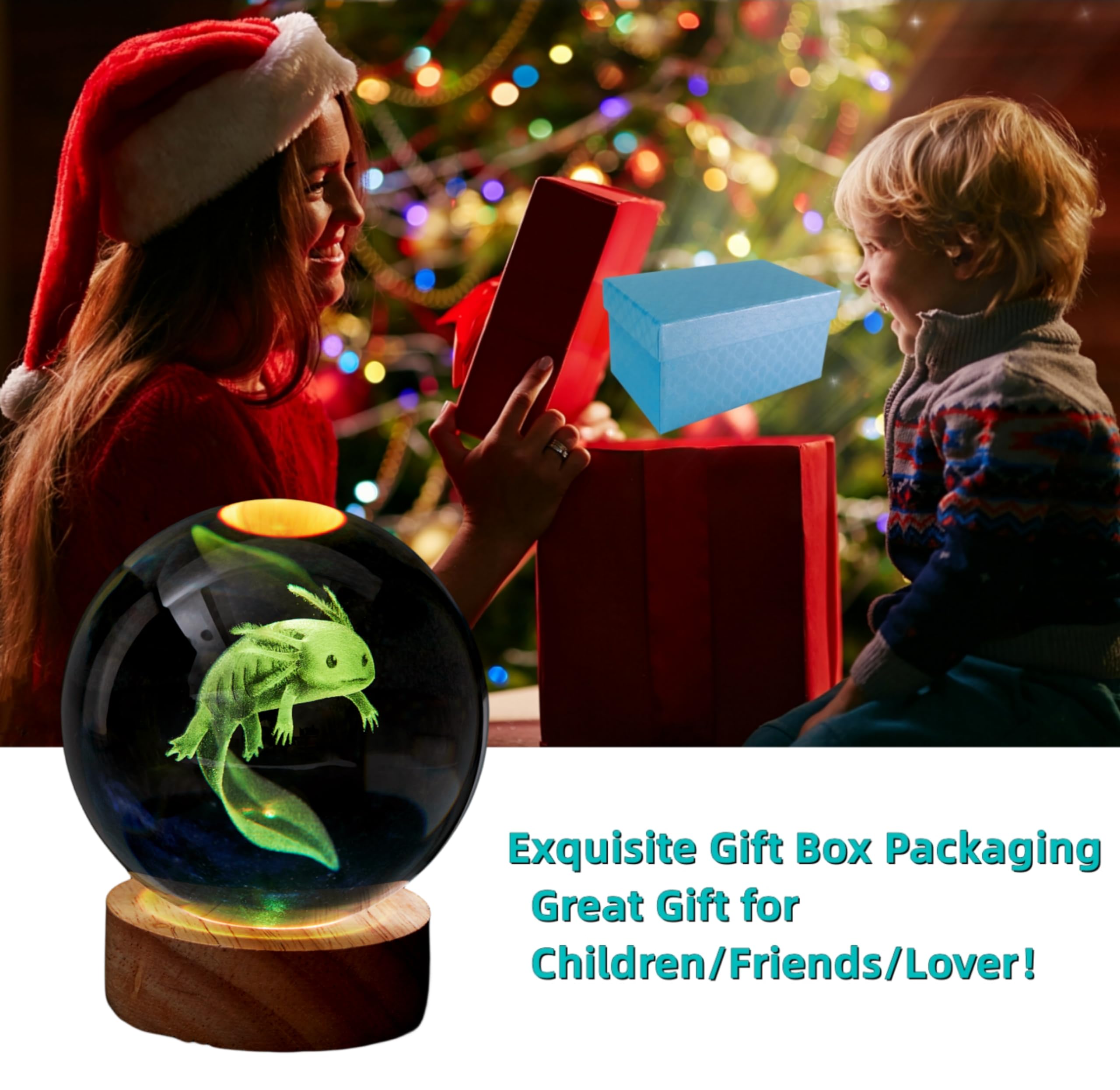 DIGFPWT Axolotl Crystal Ball Night Light, 3.15 Inch, LED Wooden Base, 16 Colors, Gift Box Packing, Color: Axolotl D