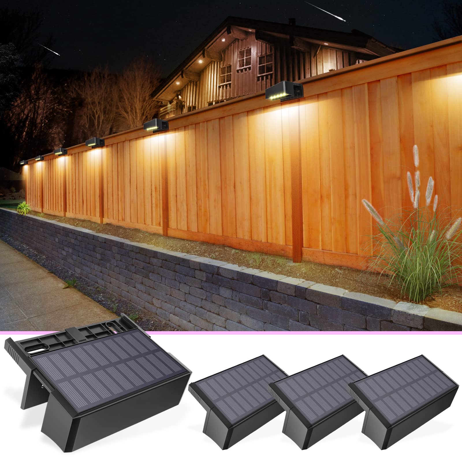 VOLISUN Solar Fence Lights, 4-Pack, Waterproof LED, 1800mAh, 7 Colors + Warm White, Model 21038ZM