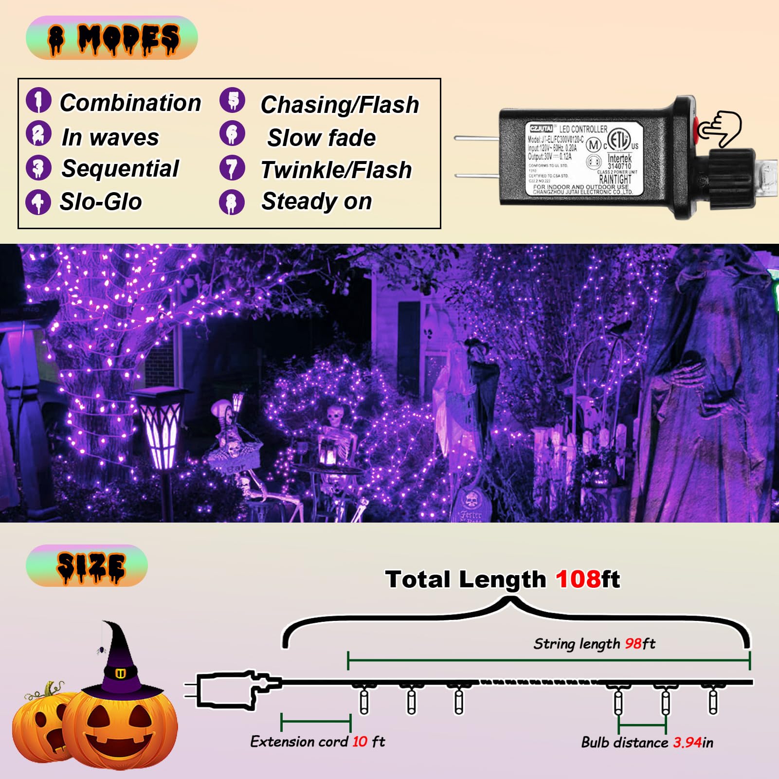 Illuminew 300 Led Purple Outdoor String Lights - Waterproof Halloween Decor, 108 Ft, 8 Modes