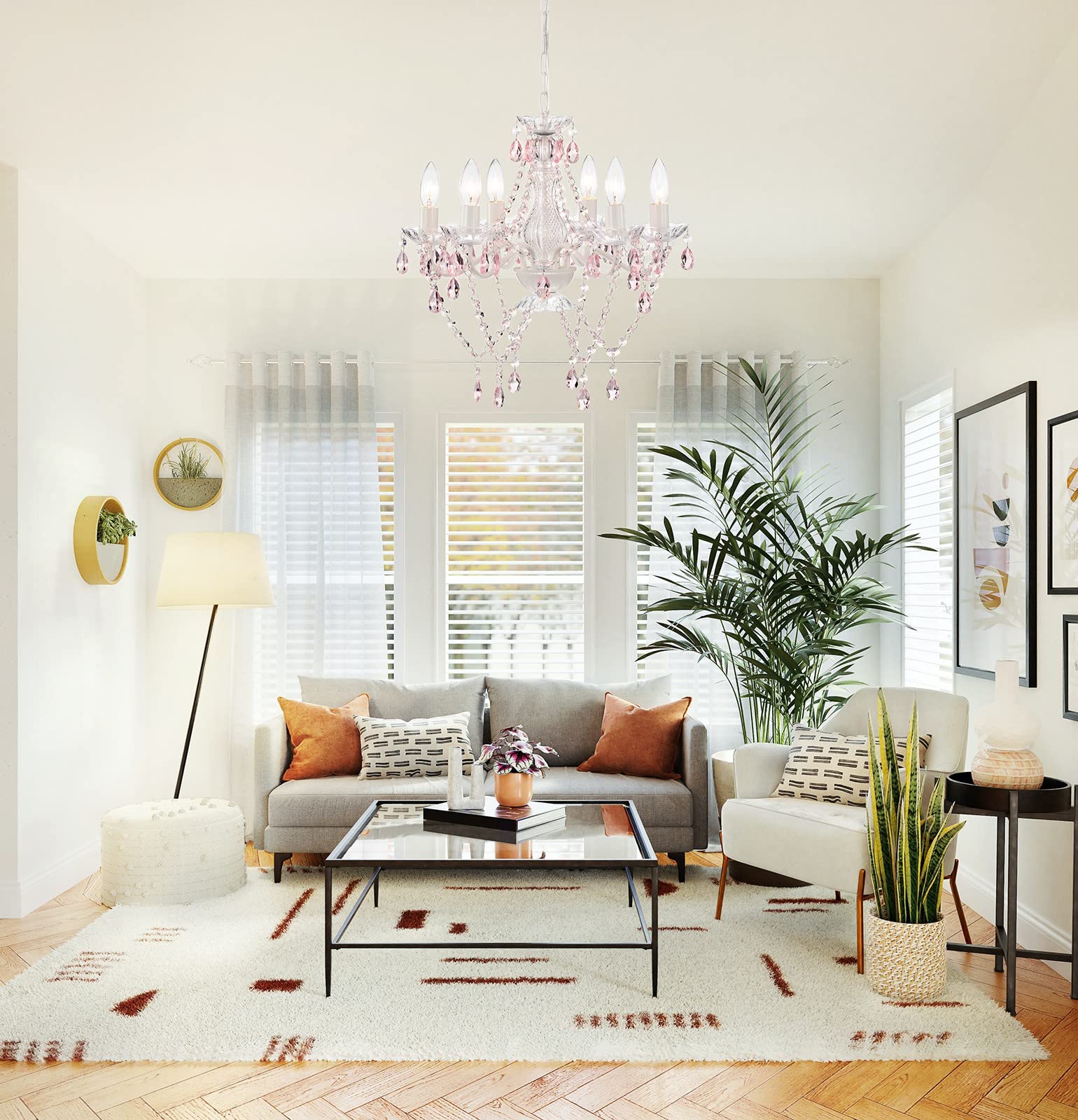 Mr.Color White Chandeliers Pink Crystal Chandelier Lighting Fixture 6 Light Candle Chandelier For Bedroom