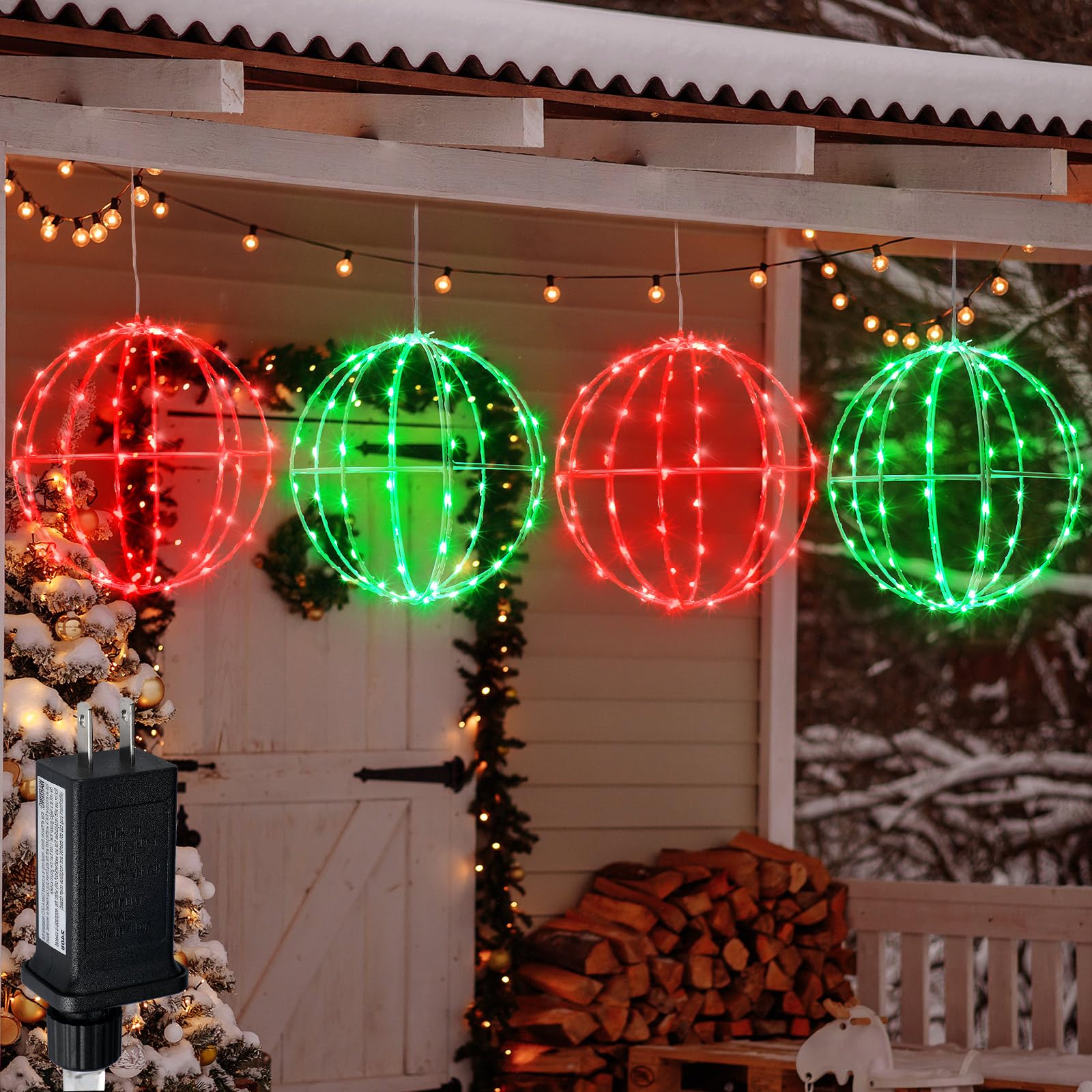 Leinuosen 4 Pack 7.87'' Outdoor Christmas Balls Lights Hanging Led Globe Lighted Xmas Metal Frame Ball Ornament Multicolor Spher