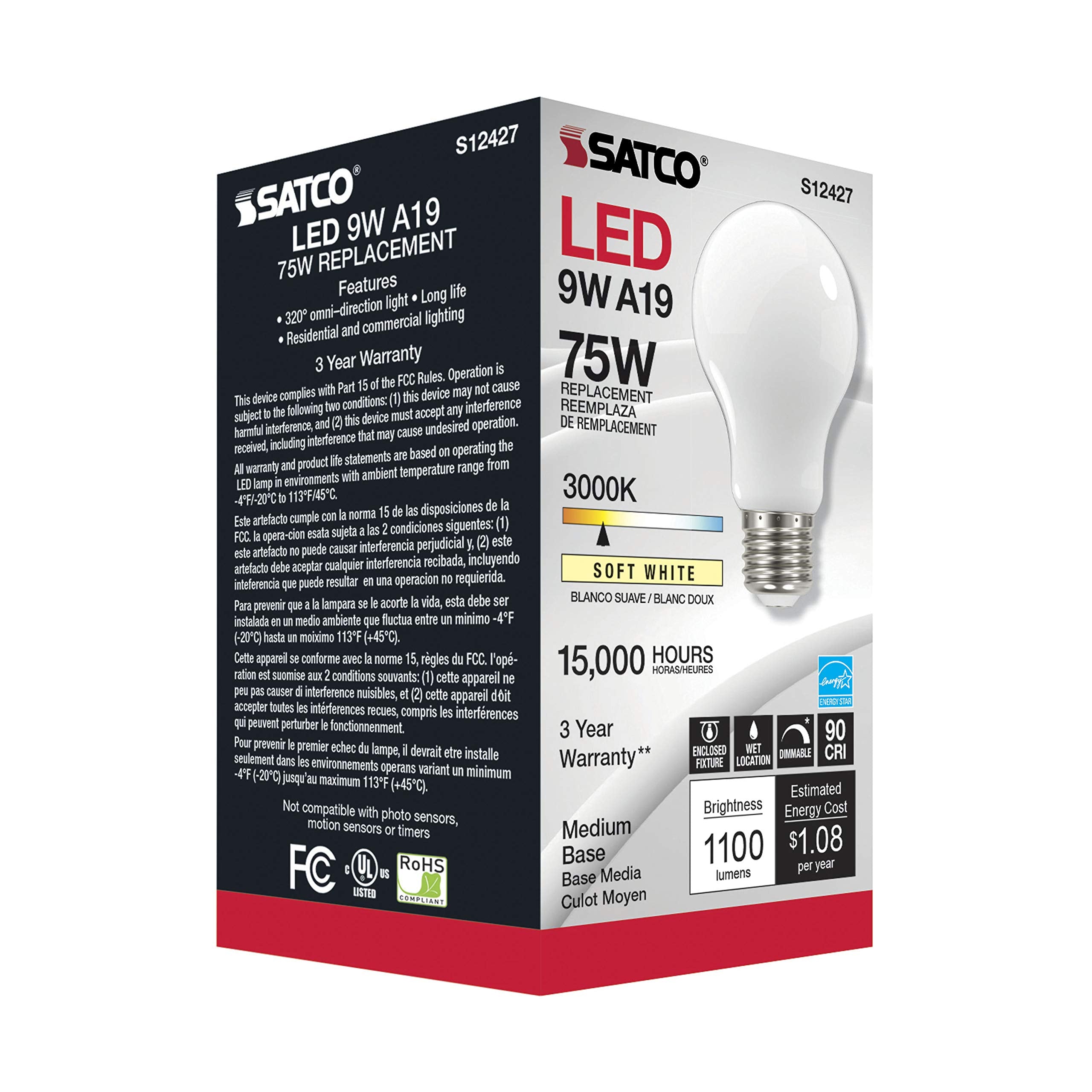 Satco Dimmable LED Filament Lamps, 11W, A19, Warm White 3000K, Model S12427, 6 Pack