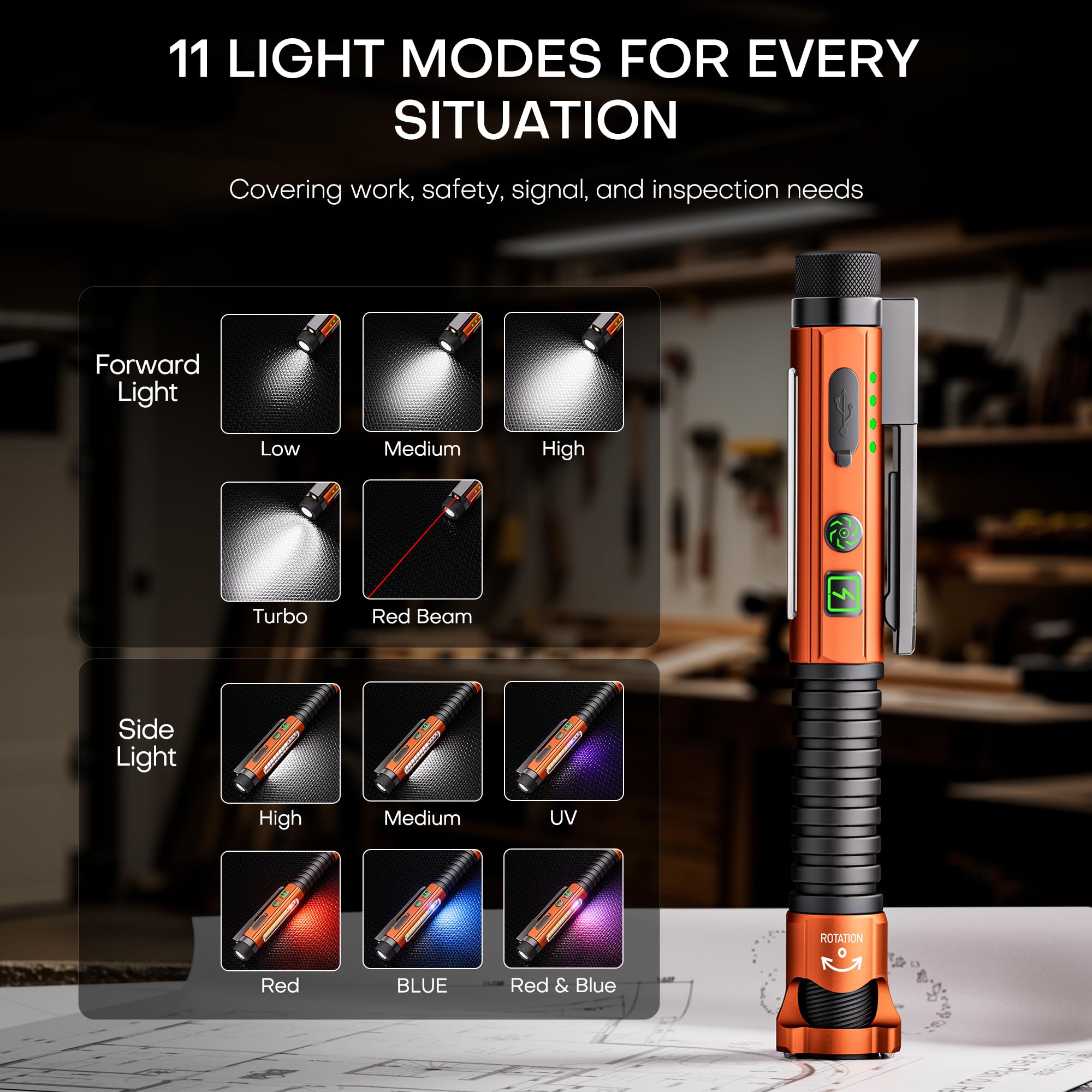 PASIION EDC Flashlight 800 Lumen, Rechargeable LED, Large Aluminum, Orange, Model LB3, 11 Modes, Magnetic Clip & Base, Glass Breaker