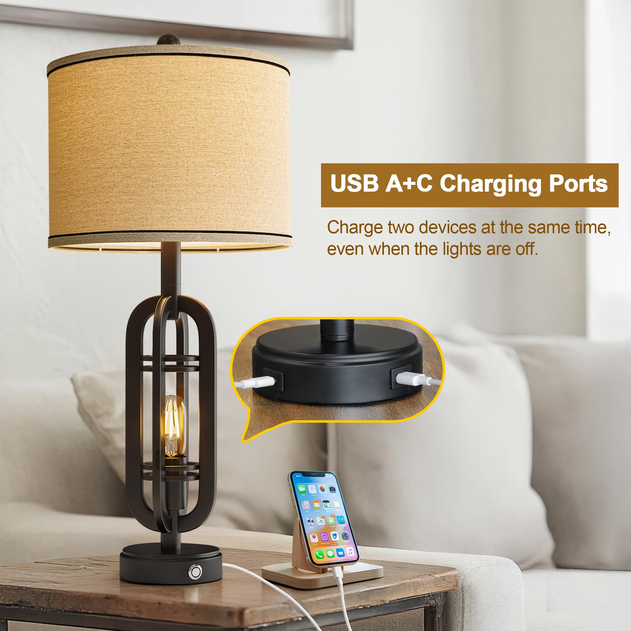 G-Safava 27.25'' Table Lamps Set Of 2 For Living Room Bedroom Industrial Farmhouse Metal Touch Lamps With Usb A+C Ports, Night L