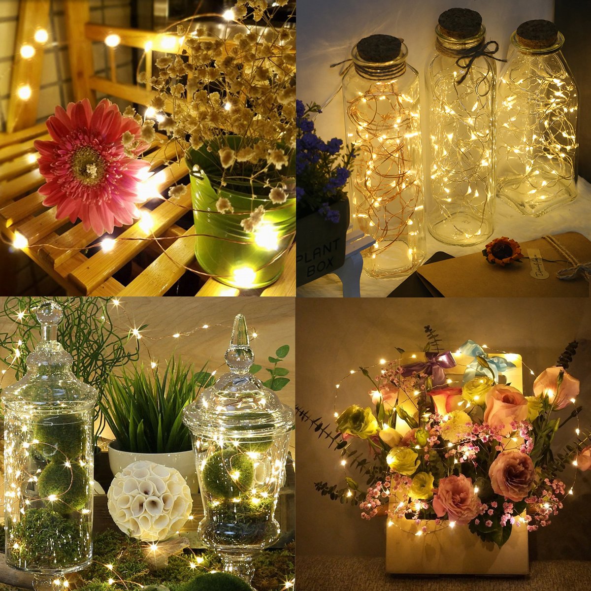 AMIR Solar String Lights, 39ft 120 LED Copper Wire, 8 Modes, Waterproof, Warm White, Pack of 2