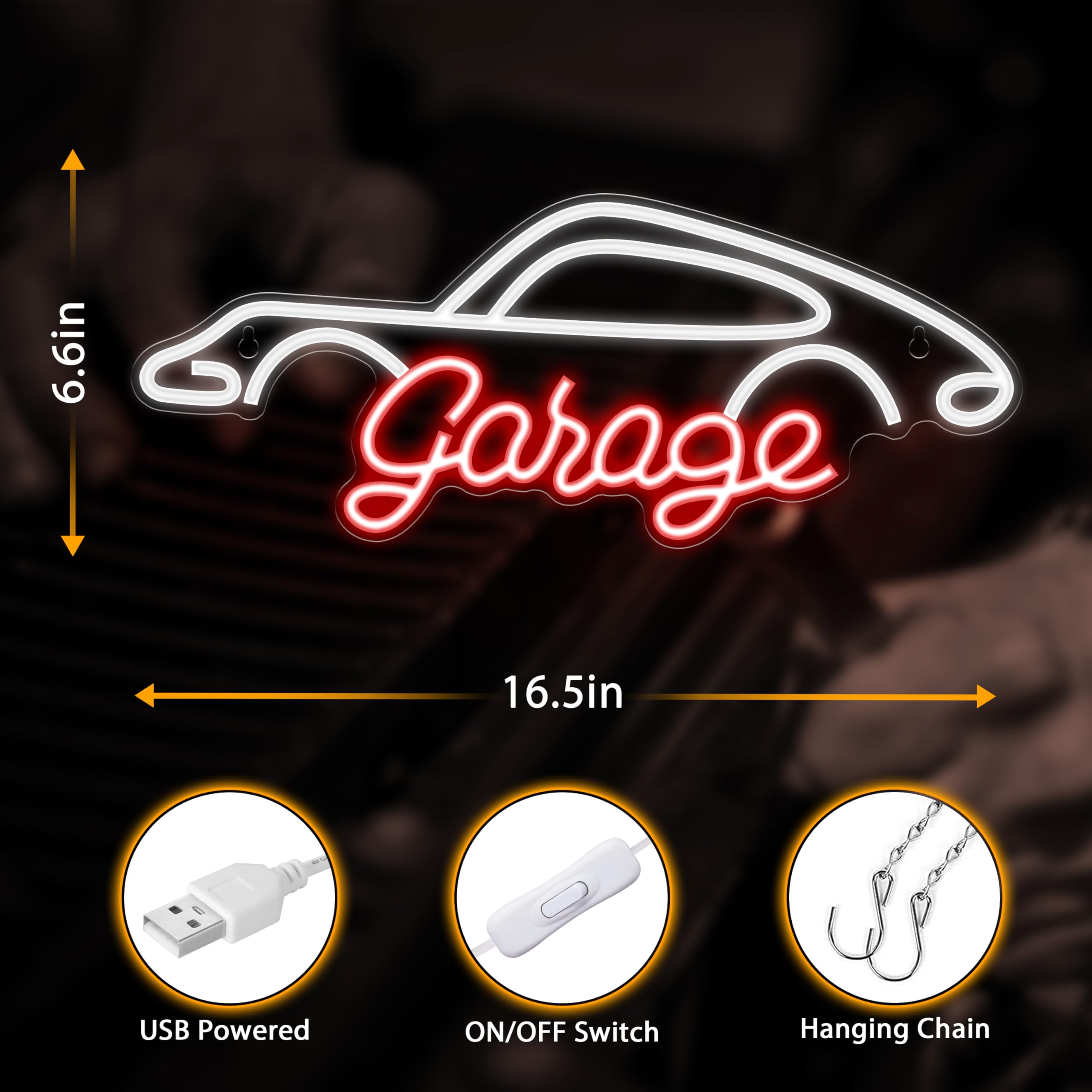 Kavaas Garage Neon Sign - LED Car Room Decor, White & Red Plastic, Ideal for Auto Repair Workshop, Man Cave, Great Gift for Car Enthusiasts